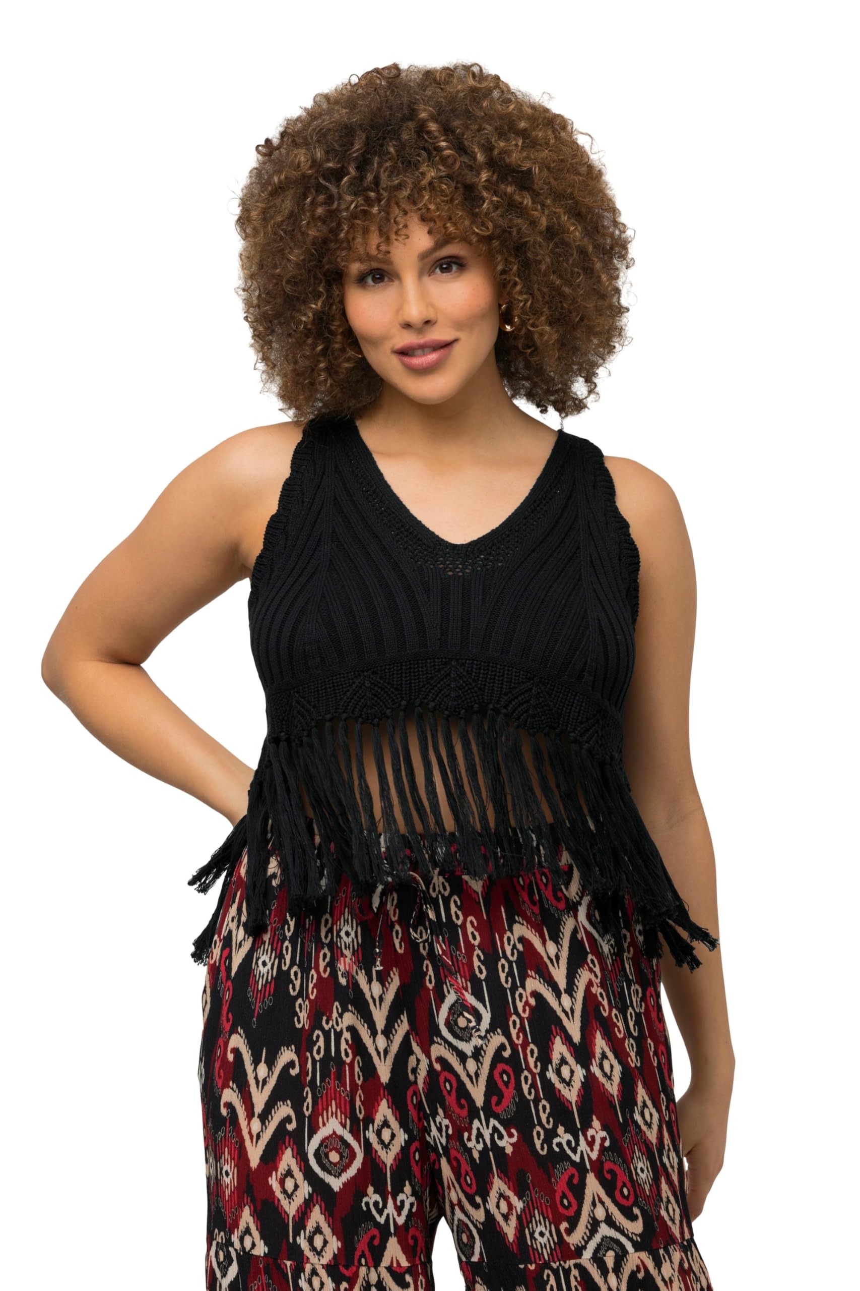 Ulla Popken Damen große Größen Übergrößen Plus Size Stricktop, Fransensaum, A-Linie, V-Ausschnitt, ärmellos 817241