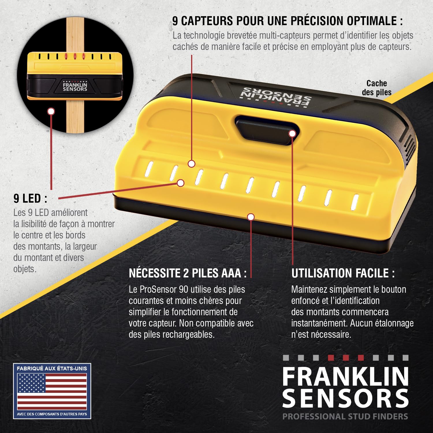 Franklin Sensors ProSensor M90 Détecteur de montants professionnel 9 capteurs
