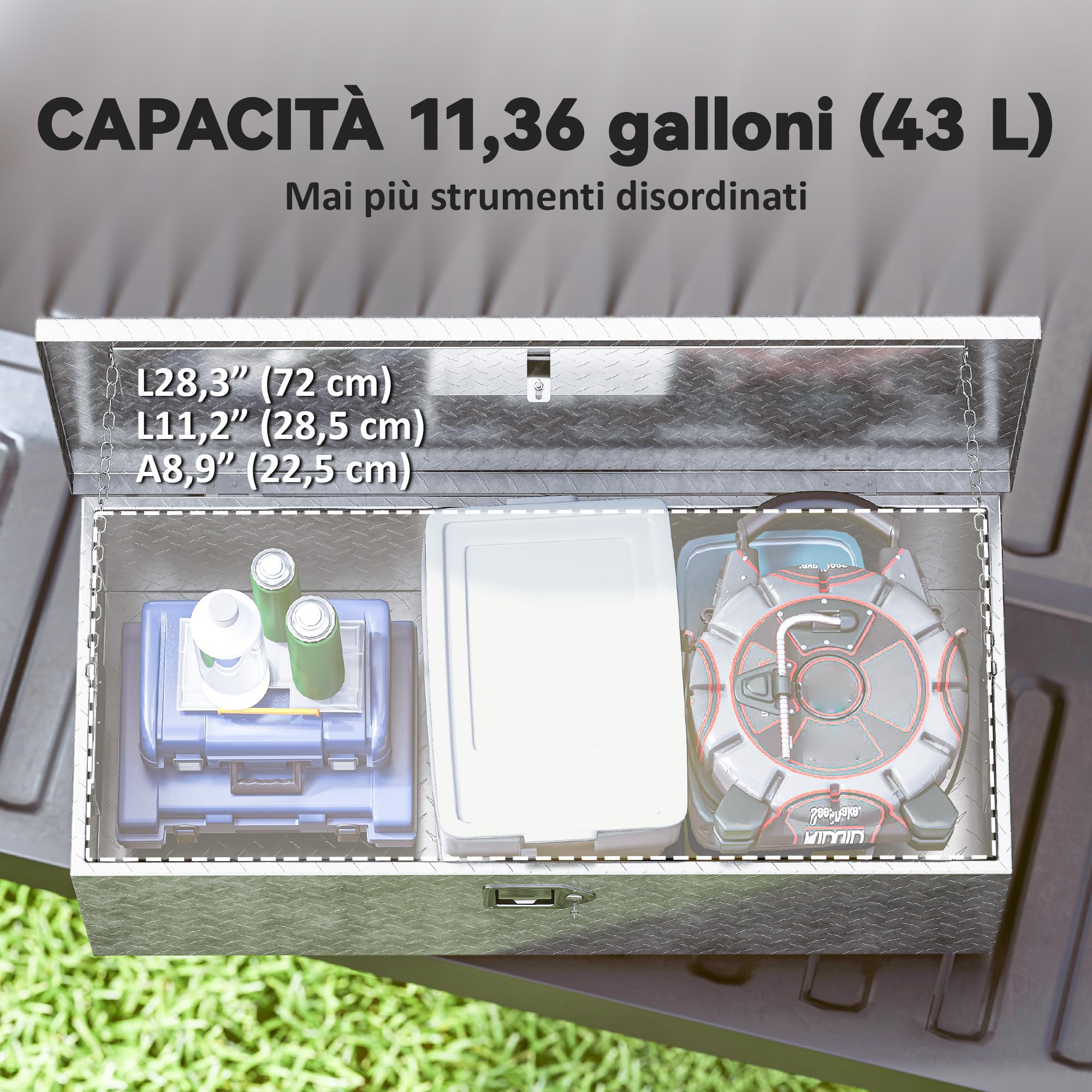 HOMCOM Caja de herramientas de aluminio con cerradura y 2 llaves, asa lateral, caja portaútiles resistente de 43 l, caja portaobjetos para camionetas, caravanas y remolques, 76,2 x 33 x 24,4 cm,