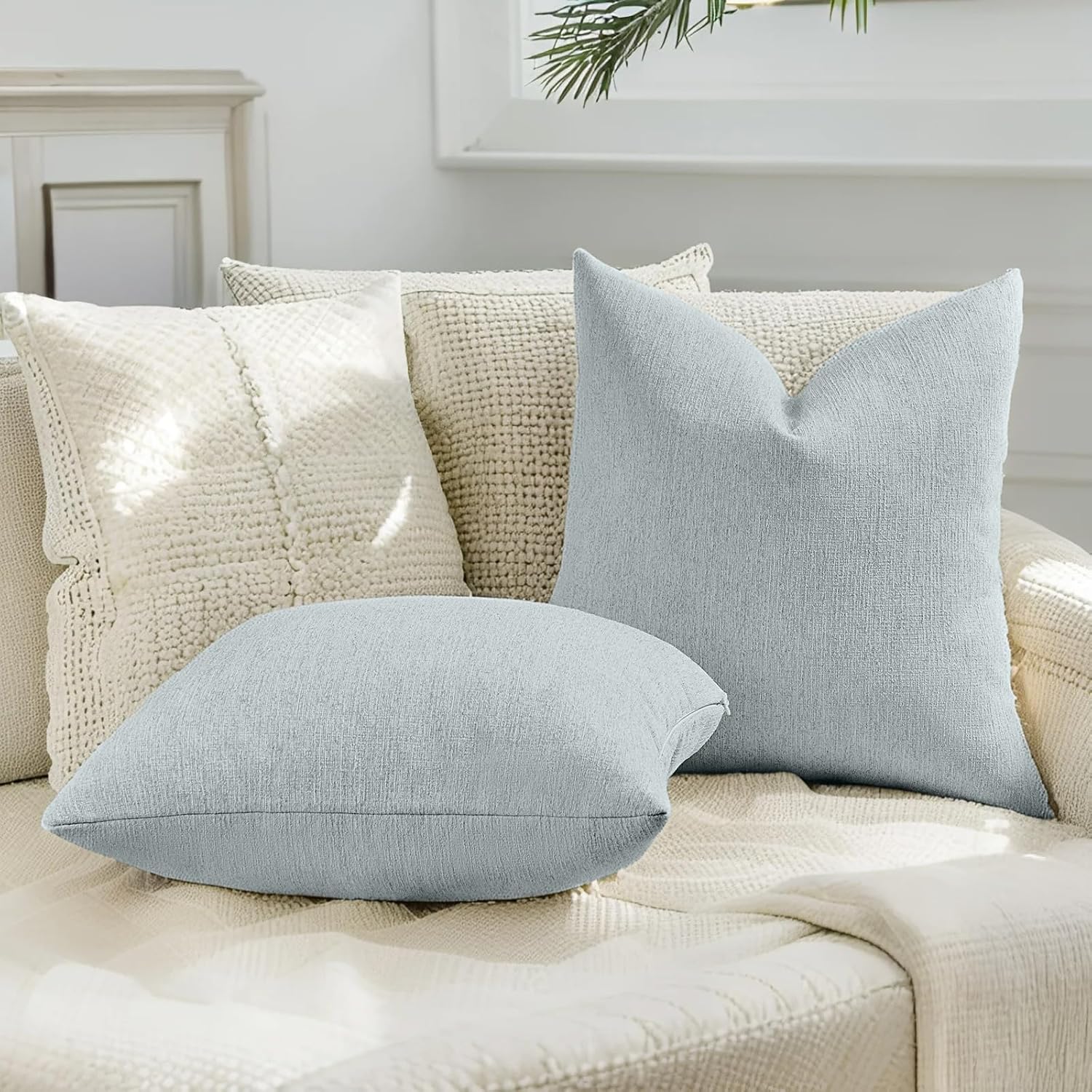 HAUSSY Dusty Blue Throw Pillow Covers 24x24 Inch Set of 2,Boho Decorative Faux Linen Throw Pillows Cozy Farmhouse Accent Cushion Covers,Home Decor for Couch Sofa Bed Living Room