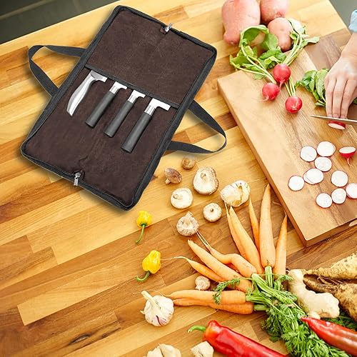 Miniatura 7 de QEES Rollo de cuchillos, bolsa de cuchillos resistente, estuche de cuchillo de lona encerada con 4 ranuras para cuchillos y herramientas de cocina,