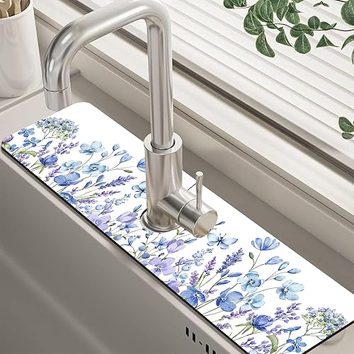 Miniatura 25 de Tapete protector contra salpicaduras para fregadero de cocina floral naranja retro de los años 70, tapete absorbente de secado rápido, tapete de