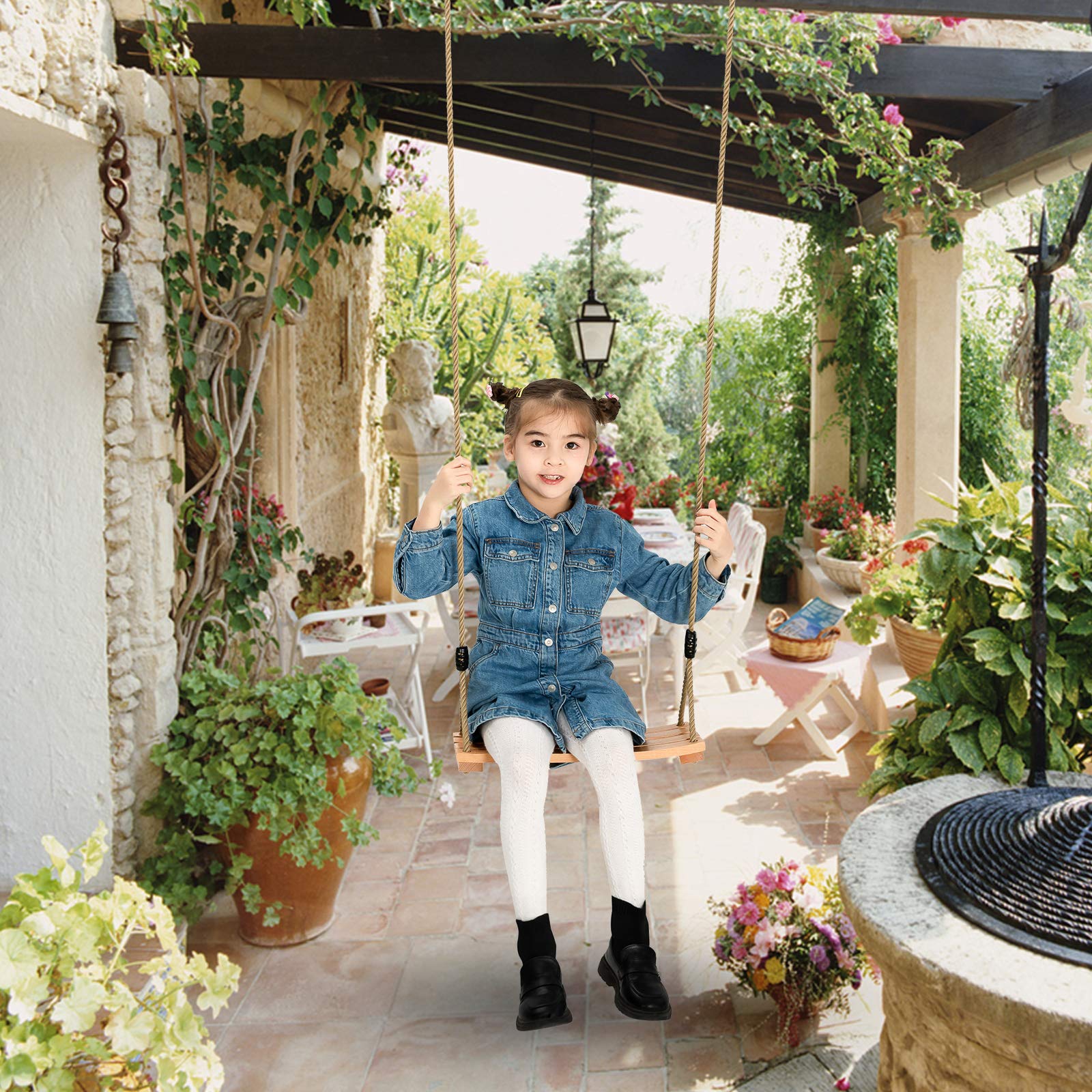 Holz Schaukelsitz für Kinder und Erwachsene, Holzschaukel Outdoor mit Einstellbares Hanfseil, Schaukel Outdoor für Gartenhof Innen und Außenbereich bis zu 100 kg