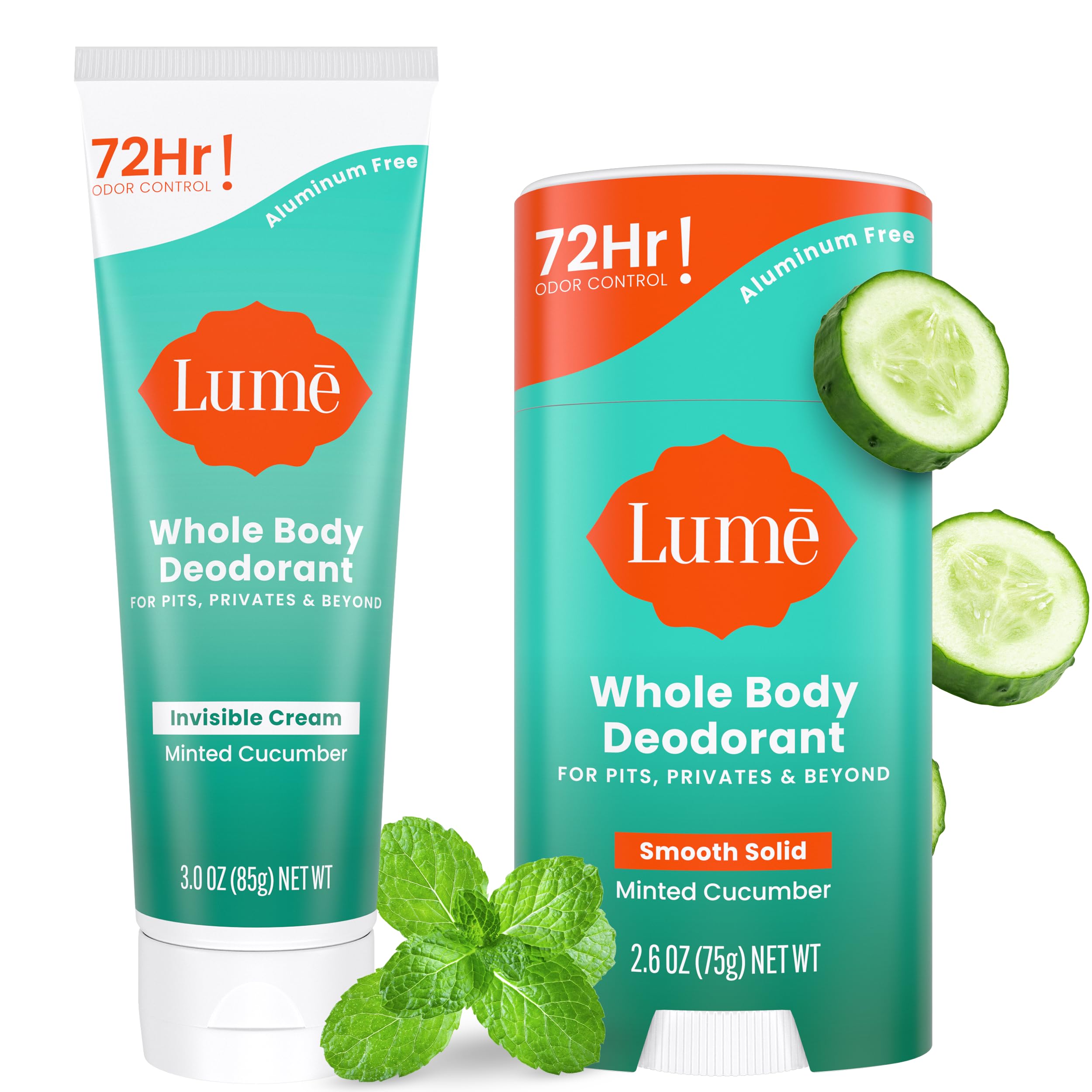 Sponsored Ad - Lume Whole Body Deodorant - Invisible Cream and Solid - 72 Hour Odor Control - Aluminum Free, Baking Soda Free, Skin Safe - 3.0 Ounce Cream and 2.6 Ounce Solid Bundle (Minted Cucumber)