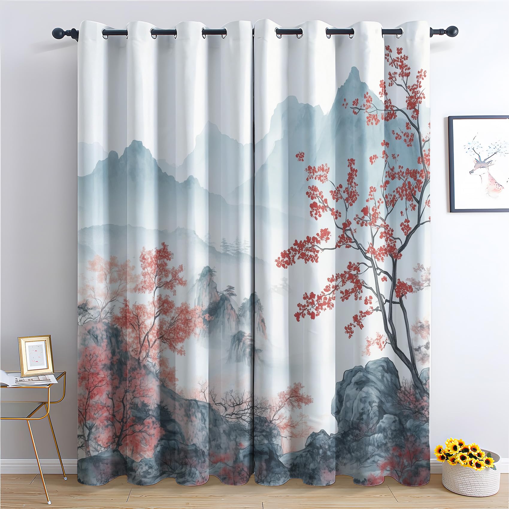 Venivici Japanese Blackout Curtains for Bedroom Living Room - 84 Inch Drop Curtains Eyelet, Oriental Mountain Landscape Patterned Window Treatments, Thermal Insulated Drapes 52x84 2 Panels