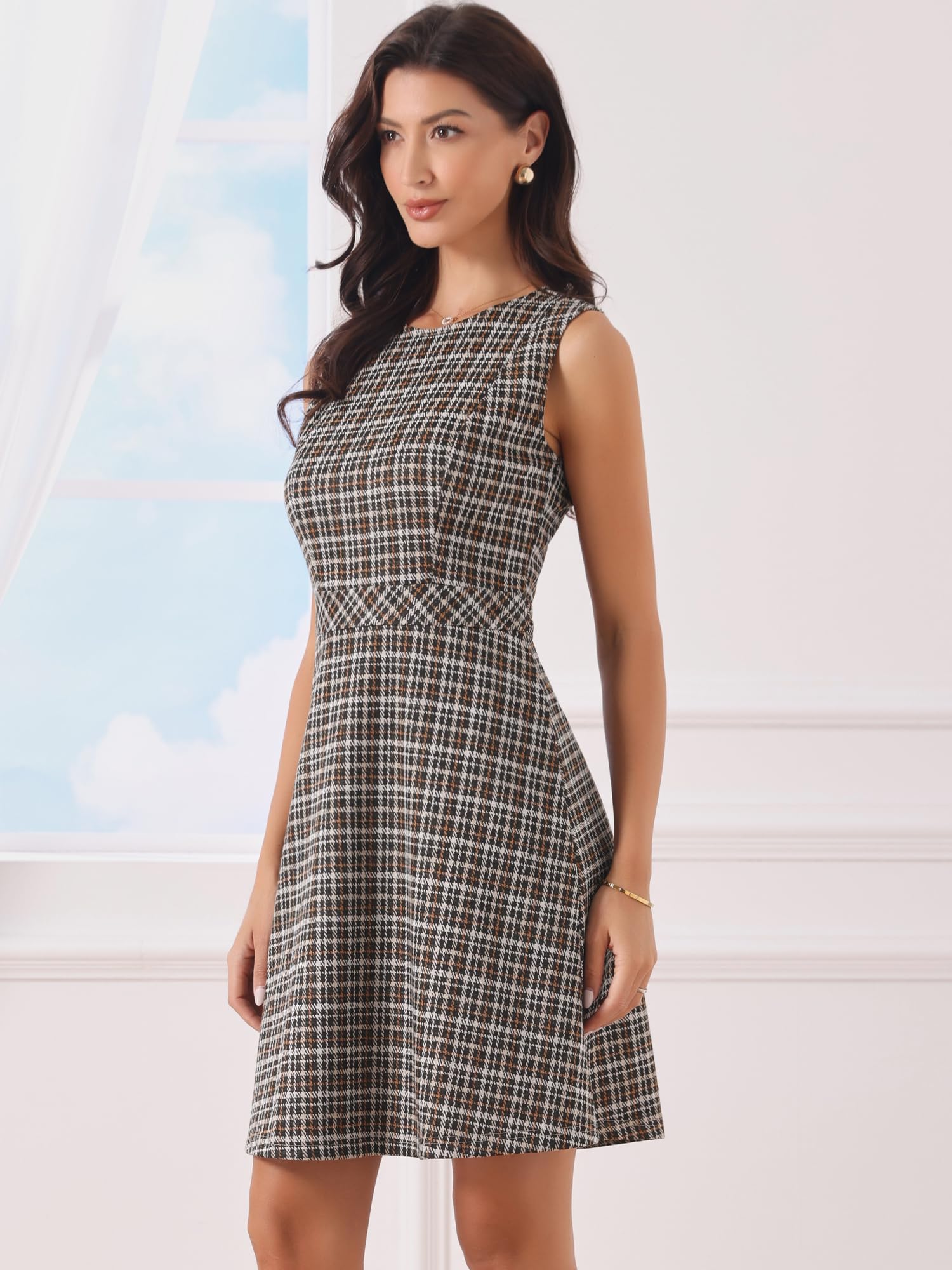 Allegra K Donna Abito Vintage a Linea con Quadri Houndstooth da Lavoro | Lunghezza sopra il Ginocchio Scollo Rotondo Anni 60 Abiti Casual Ufficio Festa di Natale