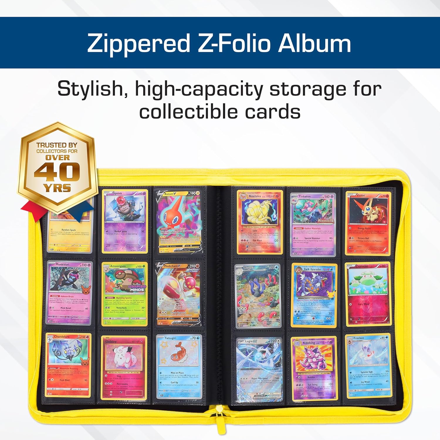 BCW Z-Folio 9-Pocket LX Album - Yellow | Secure Zipper Card Organizer | Premium Leatherette Card Collection Binder | Trading Card Binder for Pokemon, MTG, Sport Cards and More