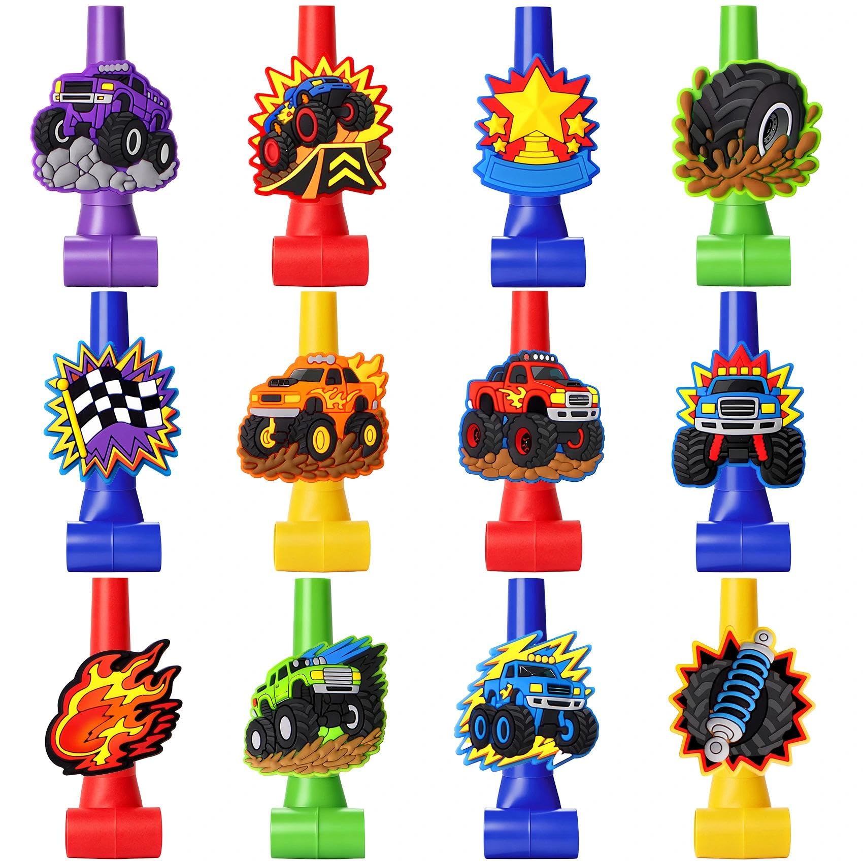Monster Truck Party Favors Blowouts 12Pcs for Kids, Colorful Noise Makers Horns, Birthday Goodie Bag Stuffers, Classroom Prizes Toys