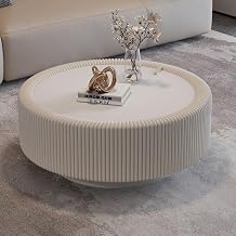 31.5" White Round Coffee Table, Modern Fluted Drum Center Table with Hidden Storage & Tempered Glass Top & PU Leather Body, Minimalist Circle Glass Coffee Tea Tables for Living Room