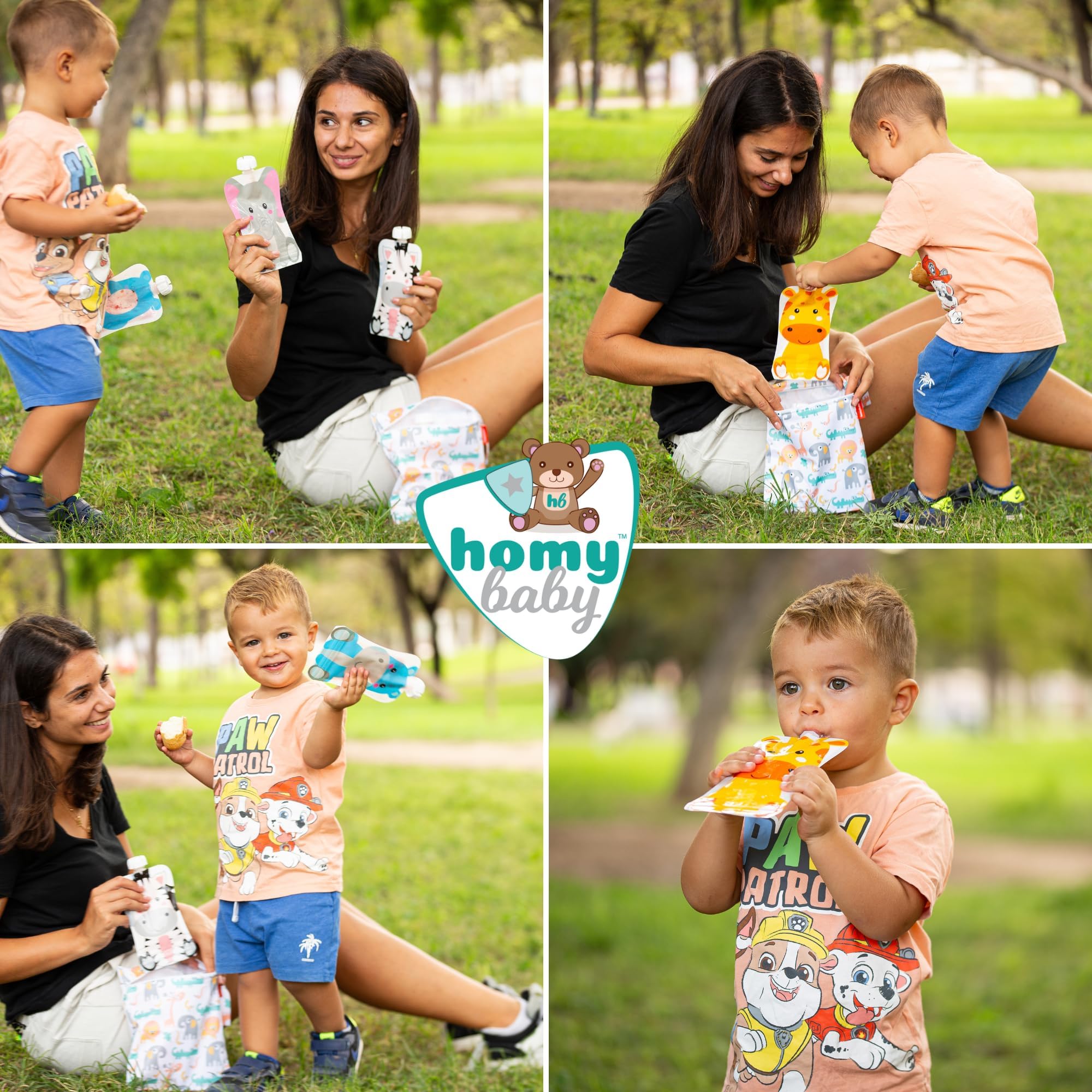 HOMYBABY® Gourdes Compotes Reutilisables Bebe [x4] - Pochette Compote Reutilisable - Sacs Réutilisables pour L'alimentation du Bébé - Gourde Rechargeable Compote aux motifs d'animaux amusants + E-BOOK