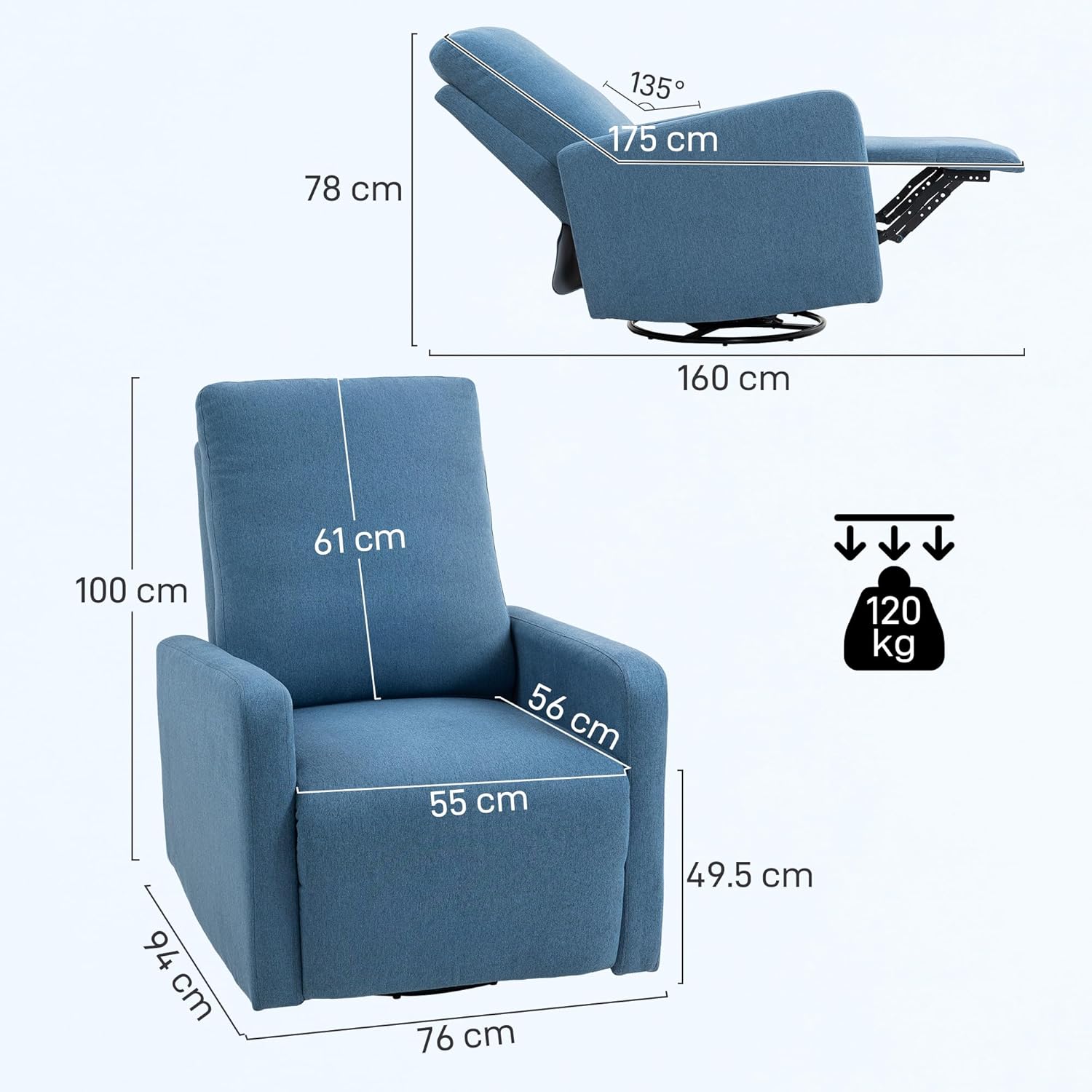 Diagram showing the dimensions of the recliner chair in both upright and reclined positions, including height, width, depth, seat height, and weight capacity of 120 kg.