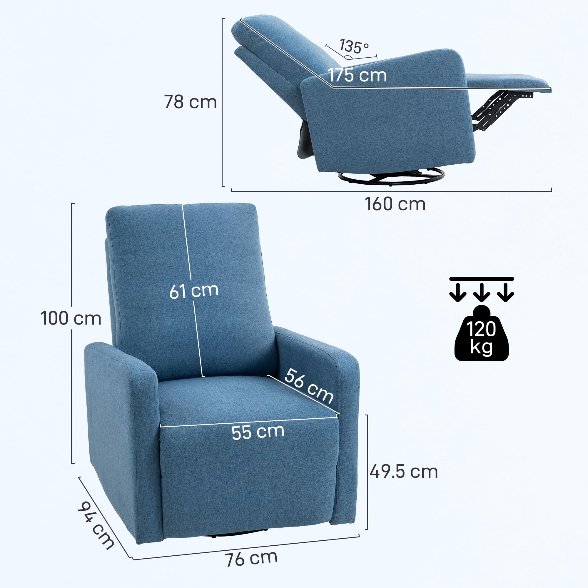 HOMCOM Poltrona Relax Reclinabile Manuale con Poggiapiedi, Seduta Ampia, Poltroncina Imbottita Girevole con Funzione Dondolo, in Tessuto Effetto Lino per Soggiorno e Salotto, 76x94x100 cm, Blu