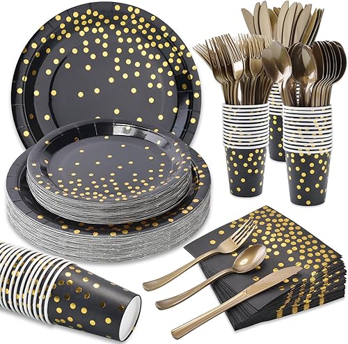 Suministros de fiesta negros y dorados, juego de vajilla desechable de 168 piezas, sirve 25, platos de papel negro, servilletas, vasos, tenedores de