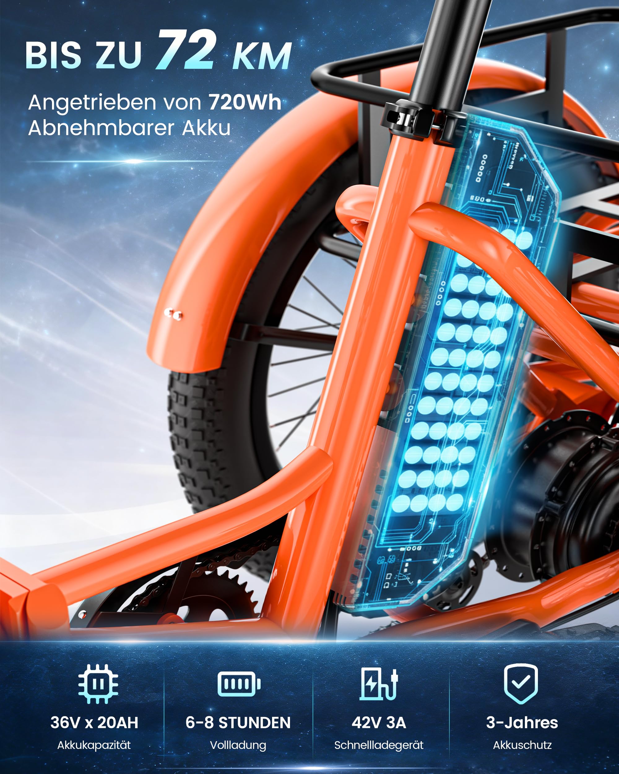 MOONCOOL E Bike Klapprad, 20" Elektrofahrräder für Herren Damen, 36V 20AH Akku, 250W Motor 45 Nm, LCD-Display, IP65 Wasserdicht, 3 Fahrmodi, mit Großen Körben & Fußstützen