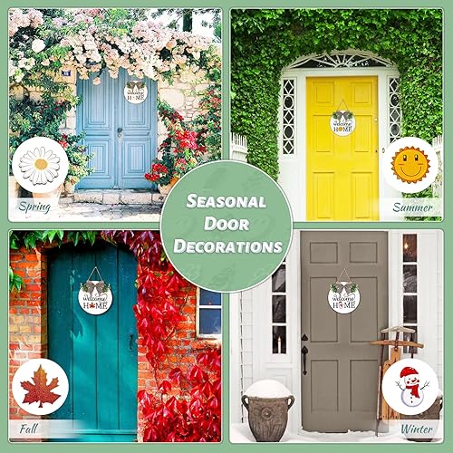 Vista 13 de Letrero de bienvenida de temporada intercambiable, decoración de puerta delantera, corona redonda de madera para exteriores, granja, porche, Marrón