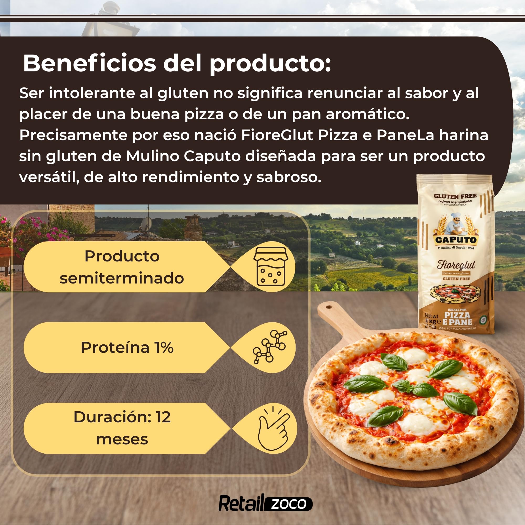 Harina Sin Gluten FioreGlut Caputo, Origen Italiana, ideal para una buena pizza o de un pan aromático, Sin Gluten, Sin Lactosa, Sin Huevos, Proteina 1%, Contiene 1 unidad de 1 Kg