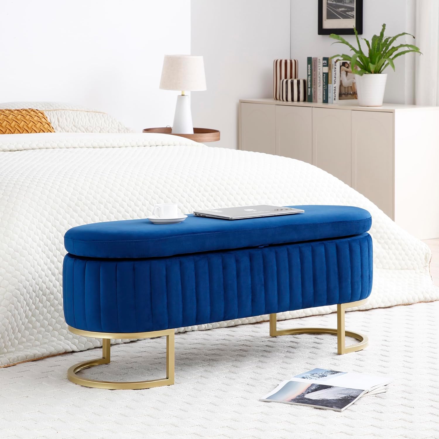 LUMISOL 50" Modern Storage Ottoman Bench, Velvet Oval Upholstered End of Bed Bench with Golden Metal Legs, Storage Bench for Bedroom, Living Room, Entryway, Blue