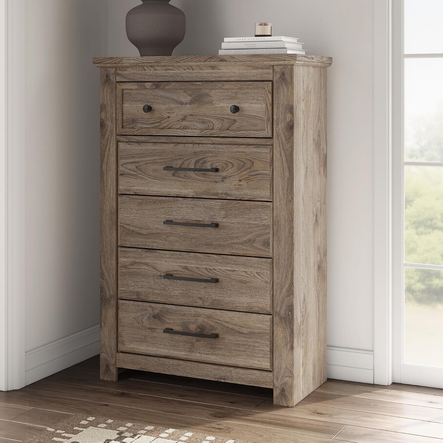 Signature Design by Ashley Stanziford Casual 5-Drawer Chest with Wood Finish, Dark Brown
