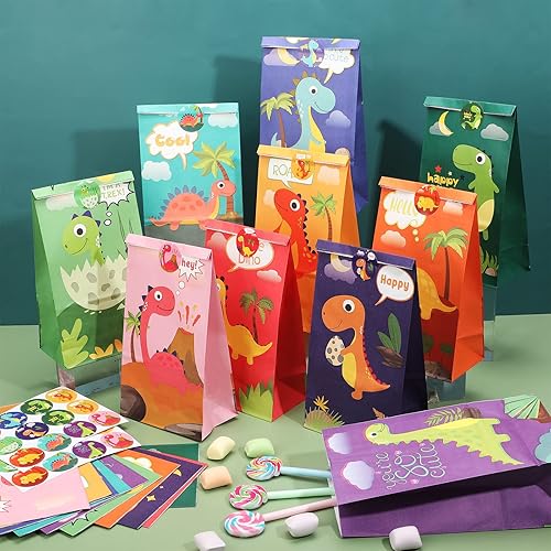 Vista 4 de Containlol Paquete de 30 bolsas de regalo para fiesta de dinosaurios, bolsa de golosinas con calcomanías a juego, suministros de fiesta