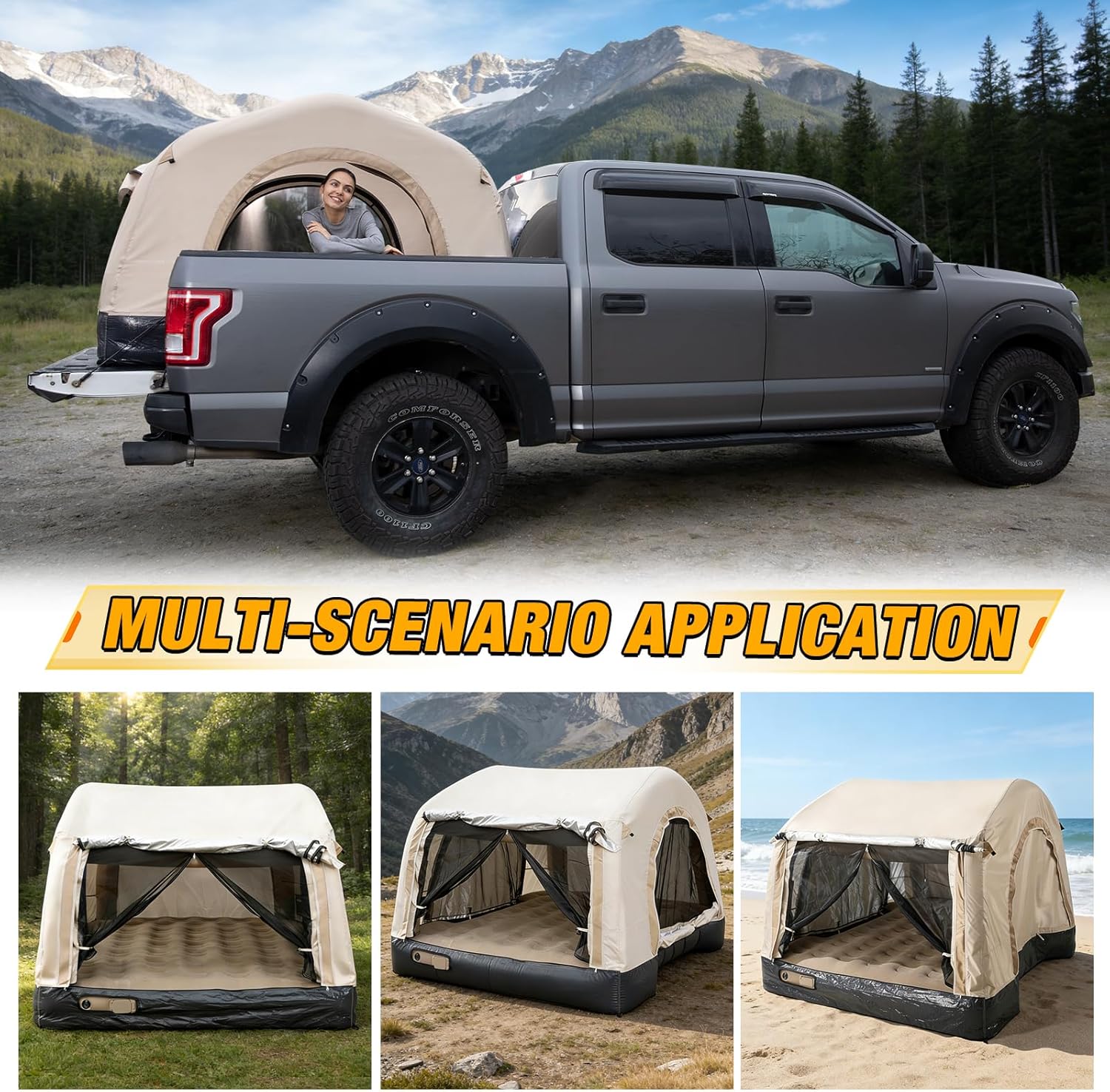 Electric Inflatable Truck Bed Tent with Mattress, Waterproof PU2000mm with Air Pump Pickup Truck Tent, Fits 5.5-6.7FT Full Size Short Bed, All-in-One Quick Setup Truck Tent for Camping
