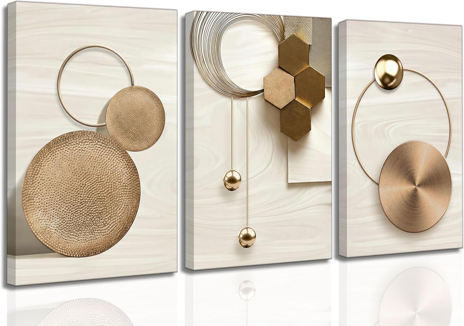 3 Pcs Abstract Gold Geometric Boho Canvas Wall Art Mid Century Modern Minimalist Aesthetic Luxury Metal Artwork Pictures Wall Decor Posters Prints for Living room Bedroom Office Home Decoration