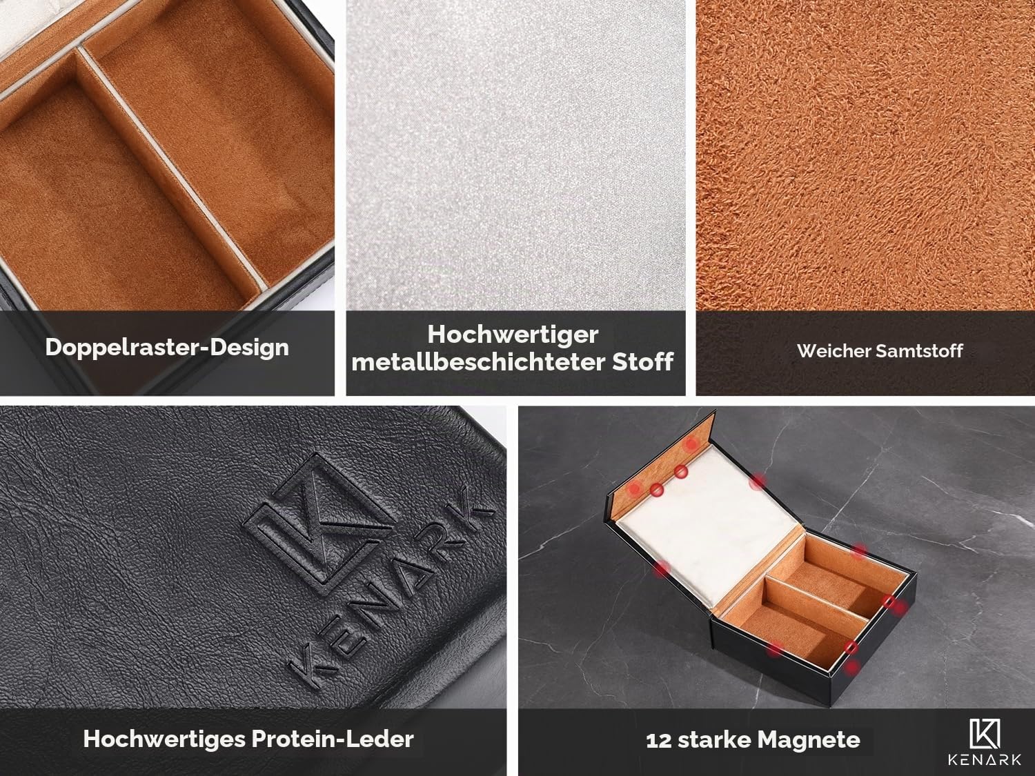 KK7 PLUS-BK Faraday Box mit 2 Fächern, Großes Design zur Signalabschirmung für Autoschlüssel, Keyless Schutz, Premium Verarbeitung | 2 Steckplätze, RFID-Signalblockierung, Diebstahlschutz, Vintage-Faraday-Käfig, hochwertiges Protein-Leder