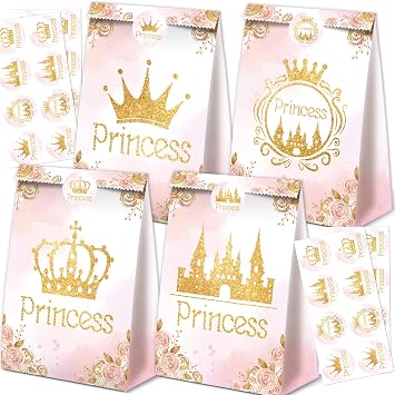 BQC 24Pcs Princess Party Favor Bags Princess Birthday Party Supplies Princess Goodie Bags Princess Party Decorations Princess Gift Bags for Princess Party Supplies Gold and Pink