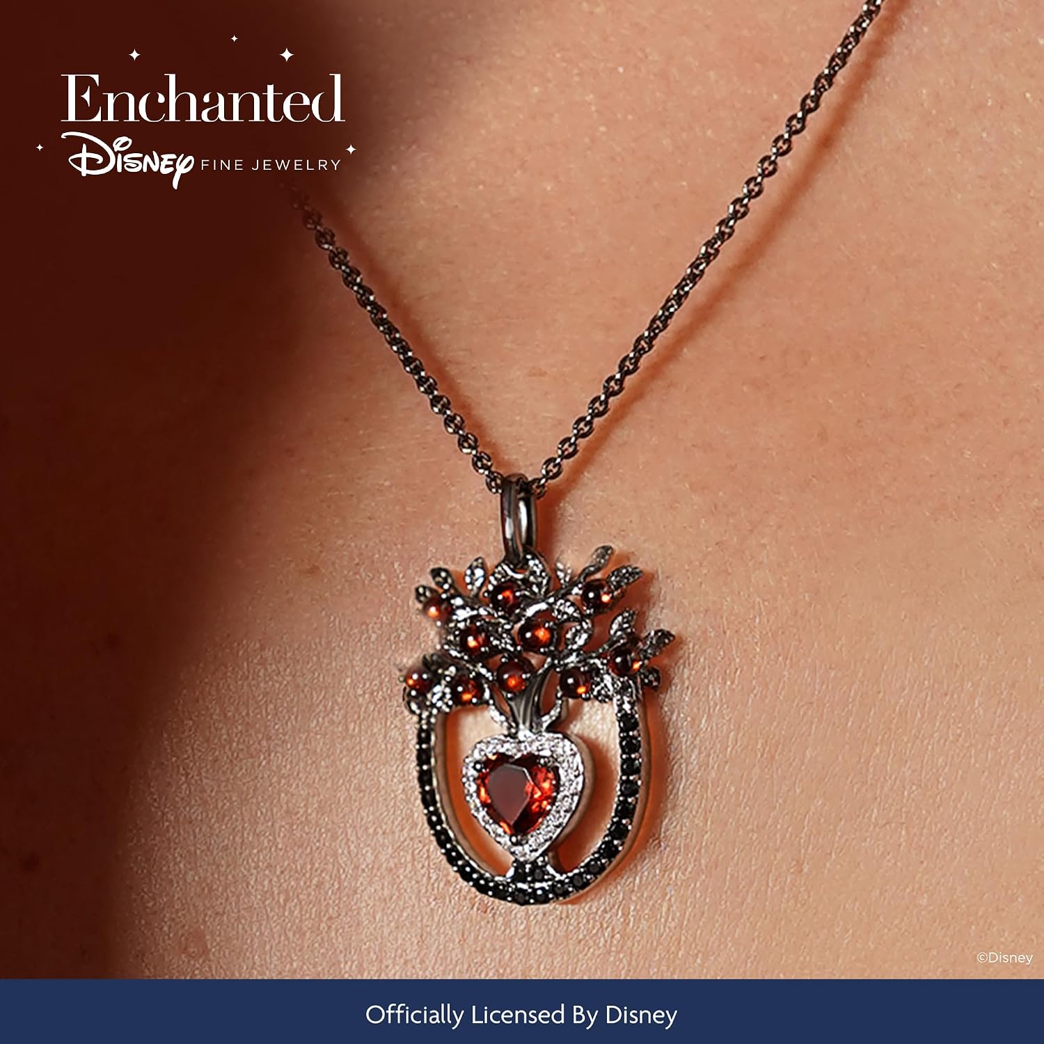 Jewelili Enchanted Disney Fine Jewelry Black Rhodium over Sterling Silver with 1/4 CTTW White and Black Diamond and Garnet Evil Queen Dark Woods Pendant Necklace