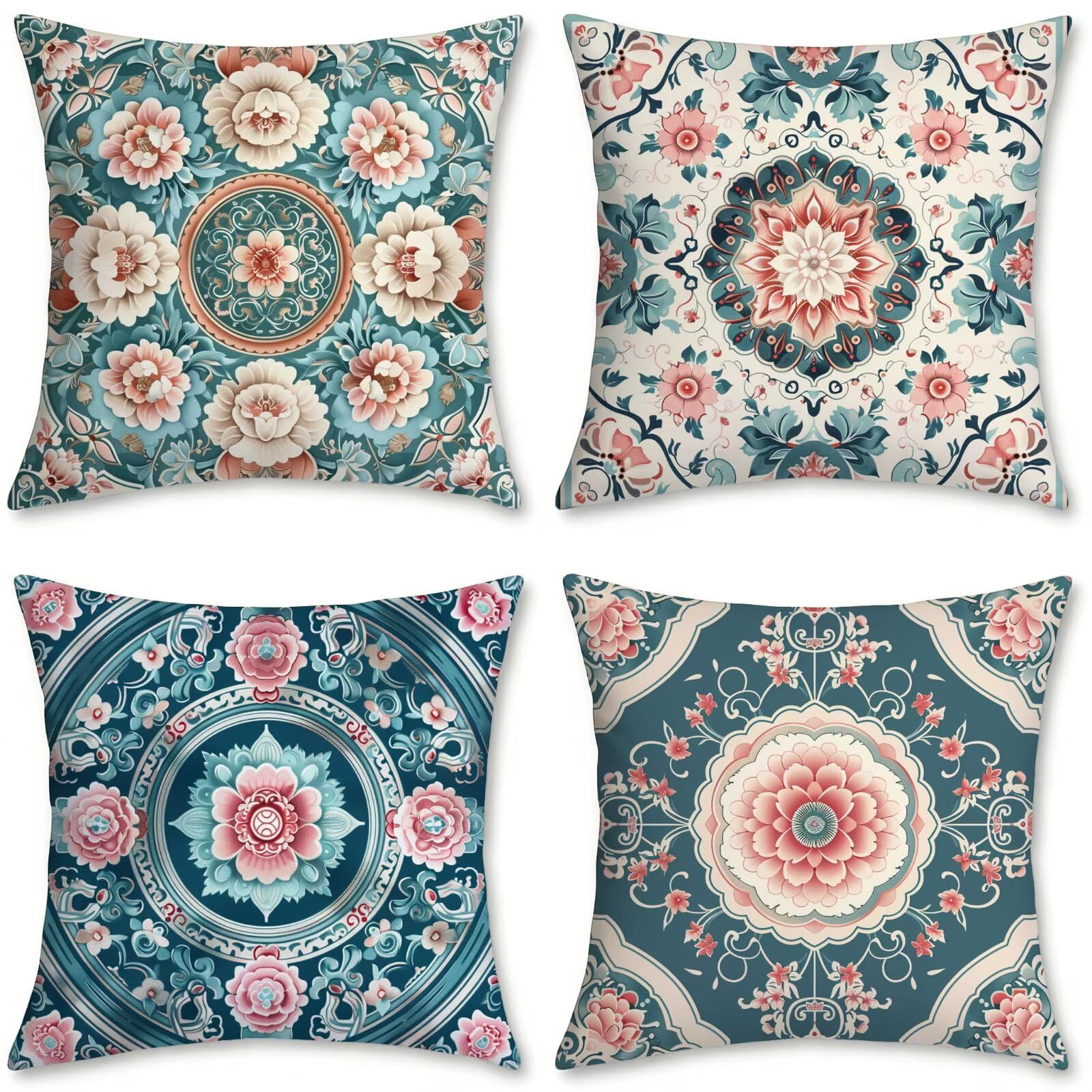 Housses de coussin canapé lin turquoise 50x50 | Lot de 4 coussins décoratifs bohème extérieur
