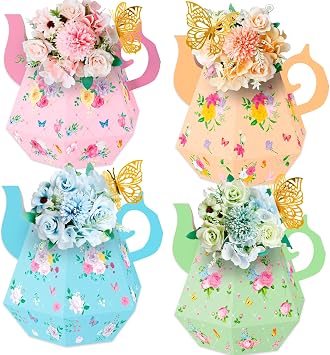12PCS Tea Party Decorations Flower Boxes Centerpieces plus 12PCS Butterflies Princess Birthday Teapot Table Baby Shower Decor Assembly Needed