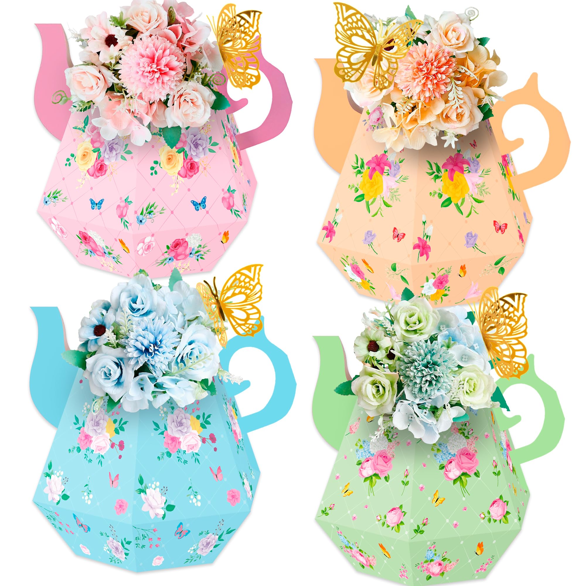 Photo 1 of 12PCS Tea Party Decorations Flower Boxes Centerpieces plus 12PCS Butterflies Princess Birthday Teapot Table Baby Shower Decor (Assembly Needed?