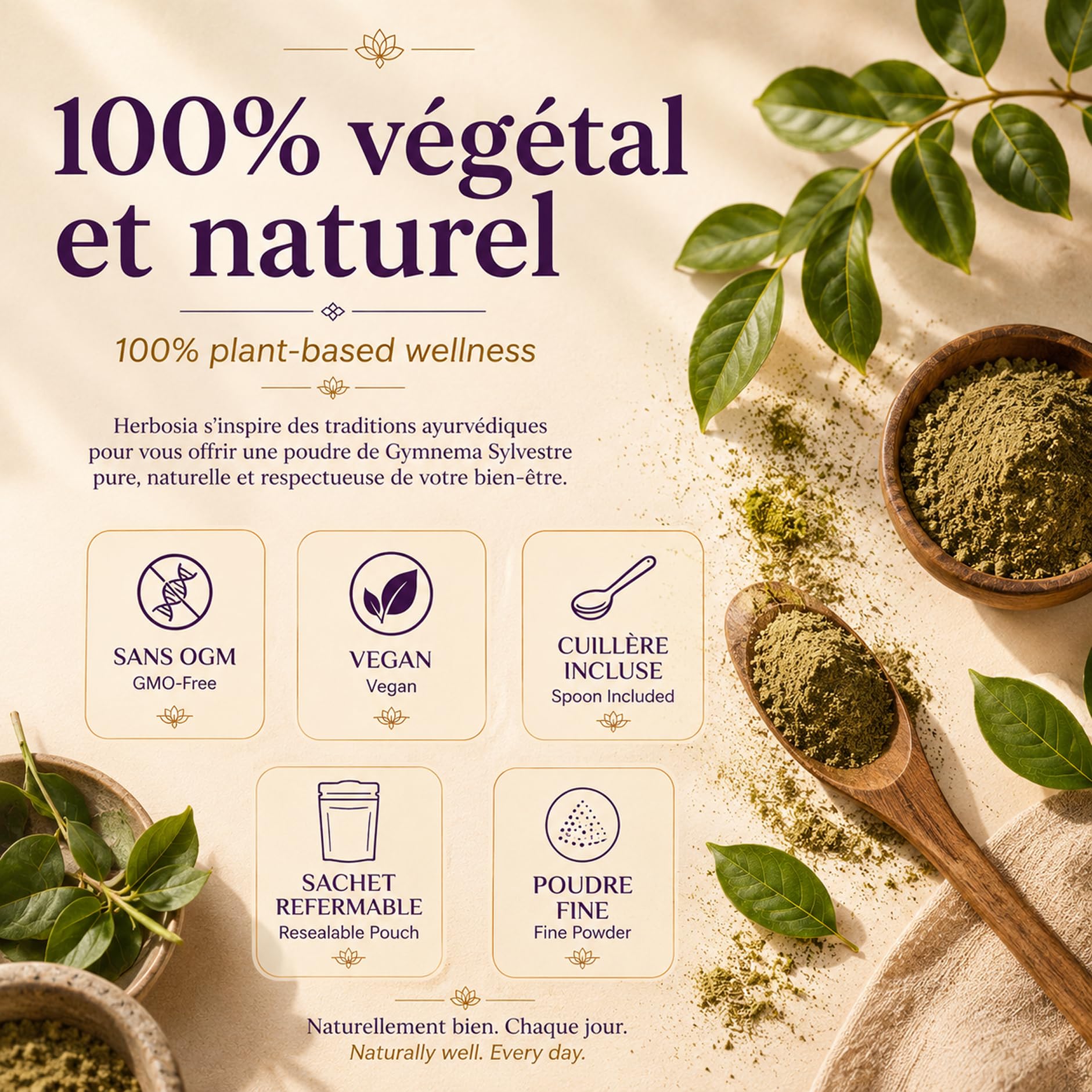 Poudre de Gymnema Sylvestre 250 g – Feuilles en Poudre Fine – Plante Traditionnelle d'Inde (Gurmar) – 100% Végétal sans OGM – Sachet Refermable avec Cuillère Doseuse