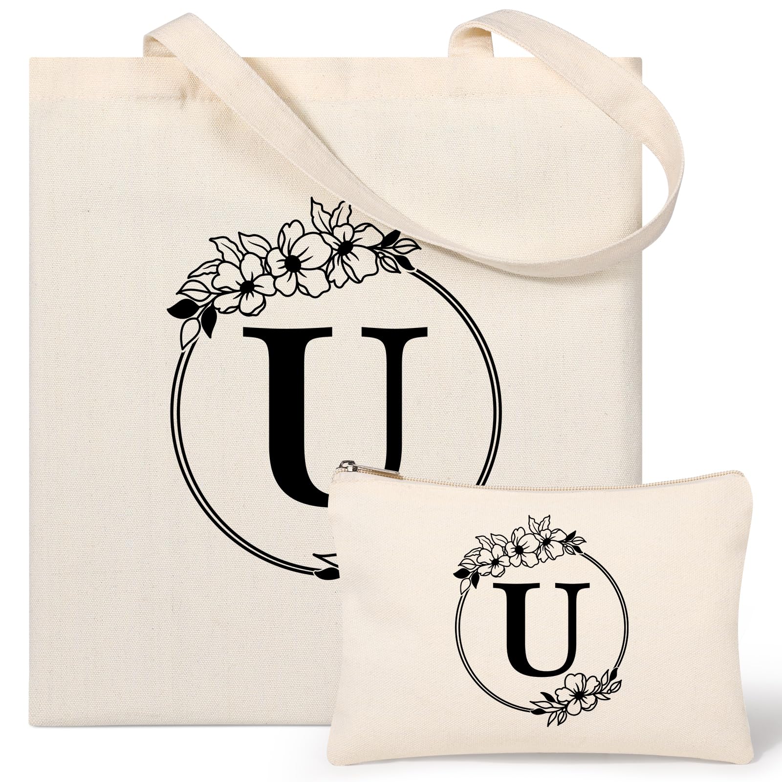 Tecanne Personalised Initial Canvas Tote Bag and Makeup Bag Set, 26 Letters Monogrammed Cotton Reusable Bags for Beach Travel Work School, Gift for Women Mum Teachers Nurses (U)