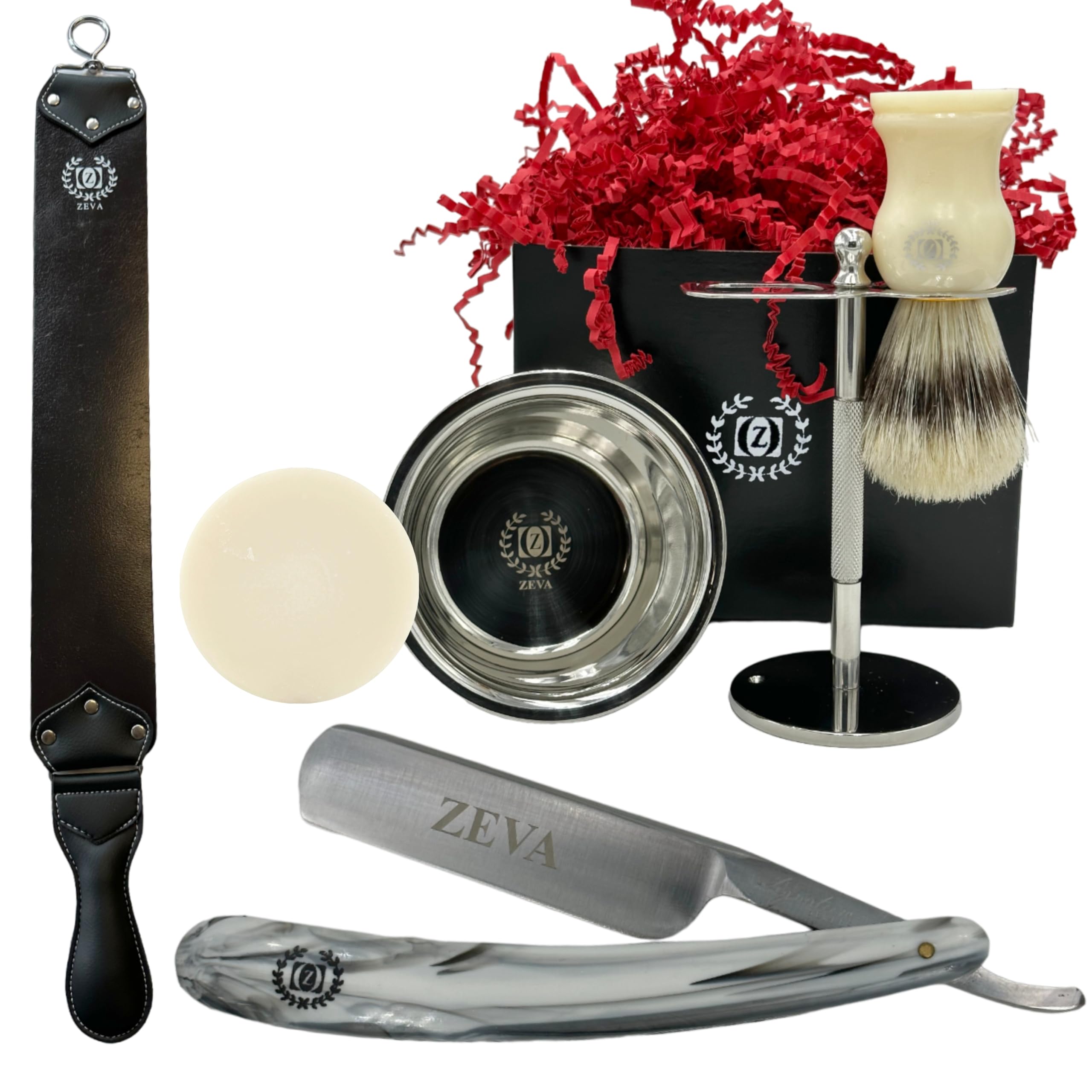 Zeva Shave Sets for Men with Cow Leather Honning Strop Straight Razor Carbon Steel Pure bristle shaving Brush Shave lather Soap Steel Stand Gift for Christmas