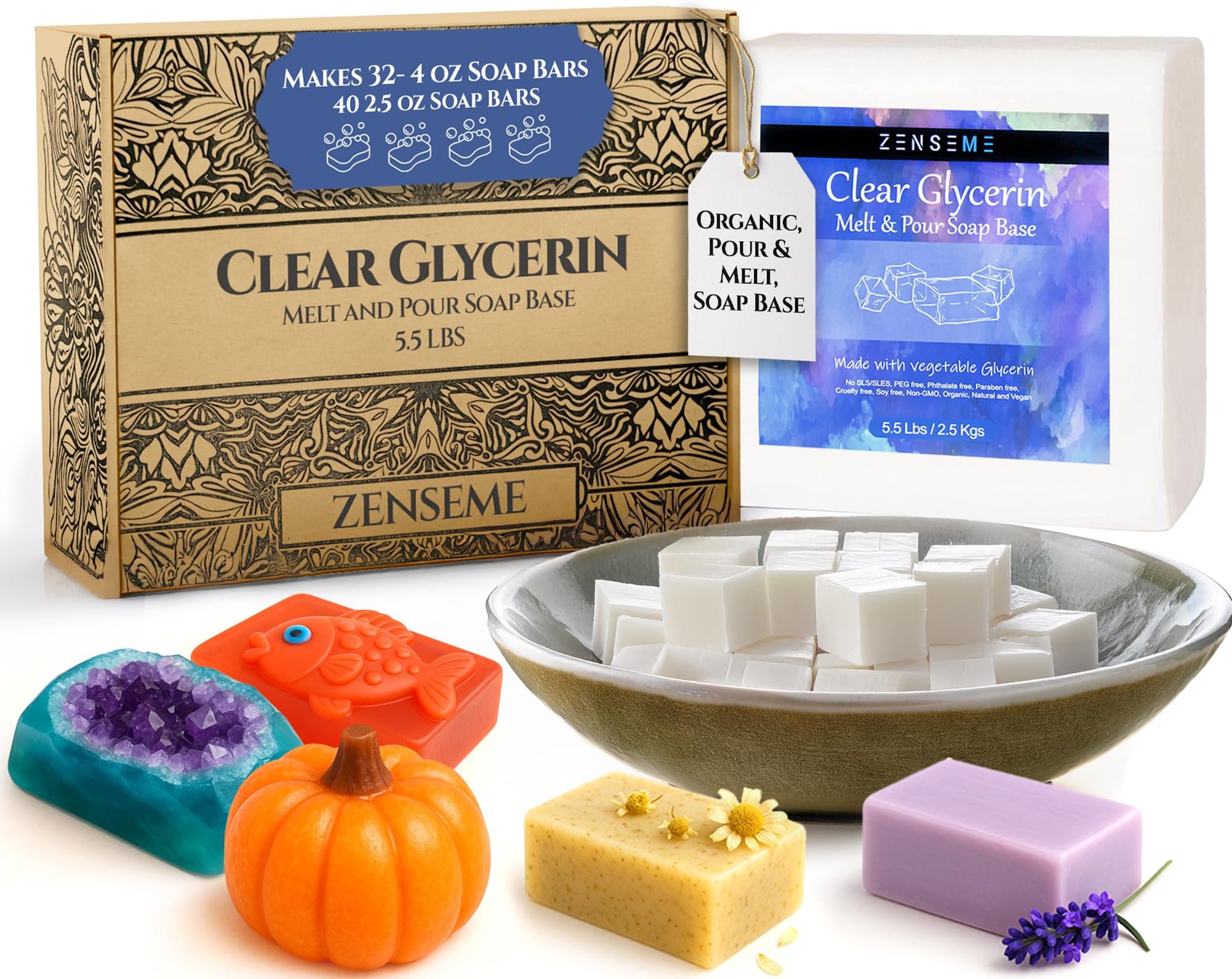 5.5 LBS Glycerin Soap Base - Moisturizing Melt & Pour for Clear Soap Making - SLS/SLES Free - Natural Organic Vegan for Crafting - Easy & Gentle to Cut & Work With for DIY Crafting for Soapmaker