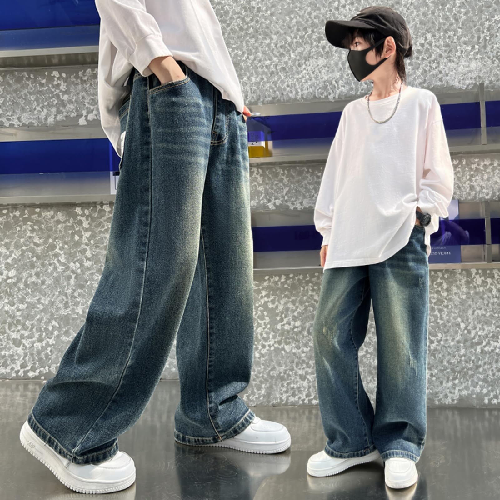 Rolanko Baggy Jeans Jungen, Weites Bein Elastischer Taille und Mehreren Taschen, Cargo Hosen Jeans für Kinder