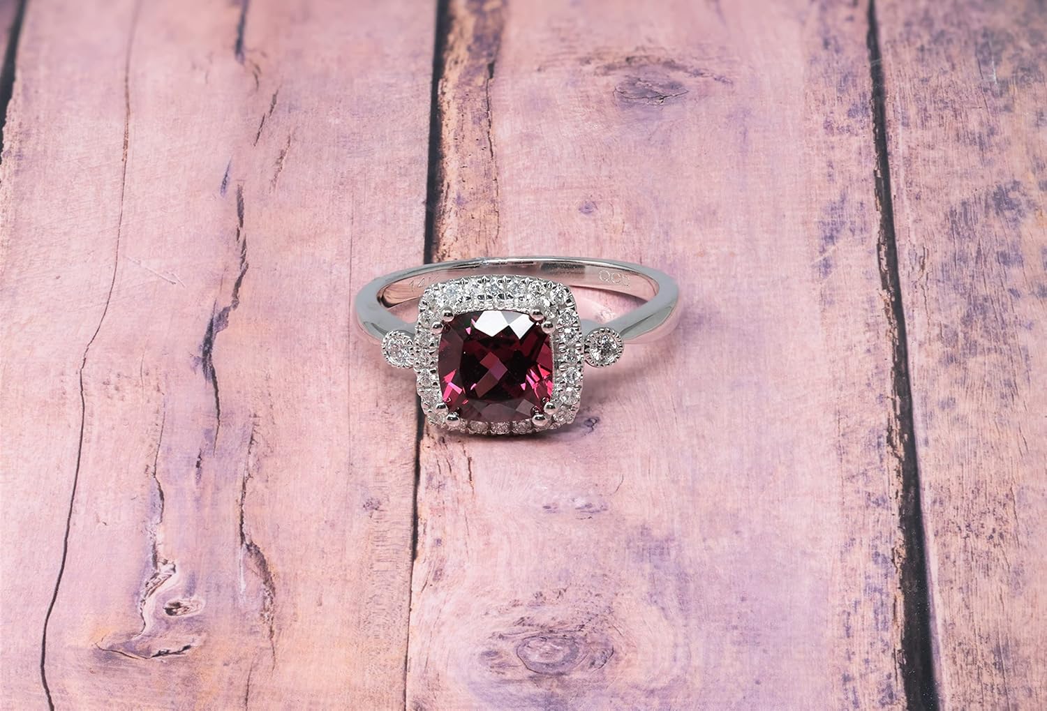 14K White Gold Genuine Rhodolite Garnet 2 Ct Cushion, Diamond Ring. Size 7 - Image 5