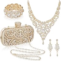 Quelay 4-Pc Rhinestone Jewelry Set with Bling Clutch Purse - Gold Necklace, Dangle Earrings, Bracelet for Weddings & Parties