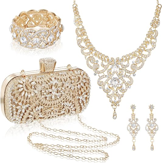 Quelay 4-Piece Rhinestone Evening Clutch & Jewelry Set