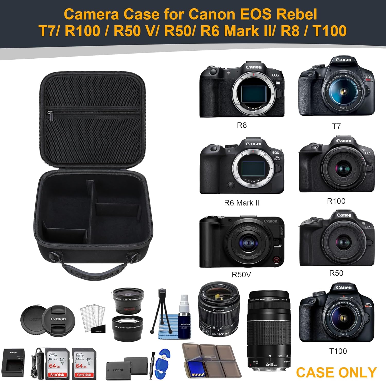 RAIALL Camera Case for Canon EOS Rebel T7/ R50/ R50V/ R100/ R5/ R6 Mark II/ R7/ R8/ R10/RP/T6/ Sony/Nikon D7500 Camera, Hard Carrying Case Protective Travel Bag Fits Lens, Tripod, Batteries, Black - Image 3