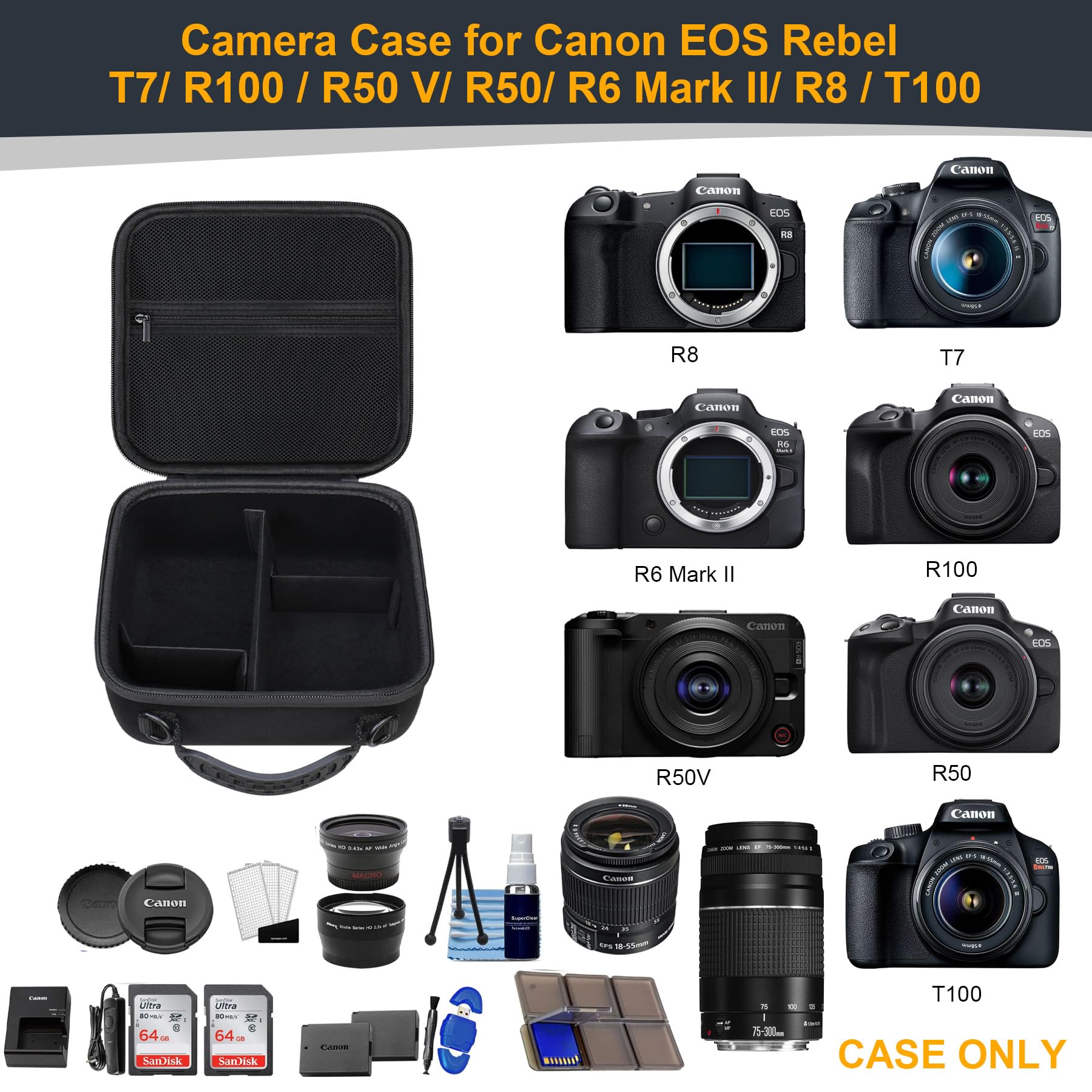 RAIALL Custodia per fotocamera Canon EOS 2000D/4000D DSLR/R50/R50V/R100/250D/R10/R6 Mark II/R8/R5/ Sony/Nikon D7500, custodia rigida da trasporto, borsa protettiva da viaggio, Nero