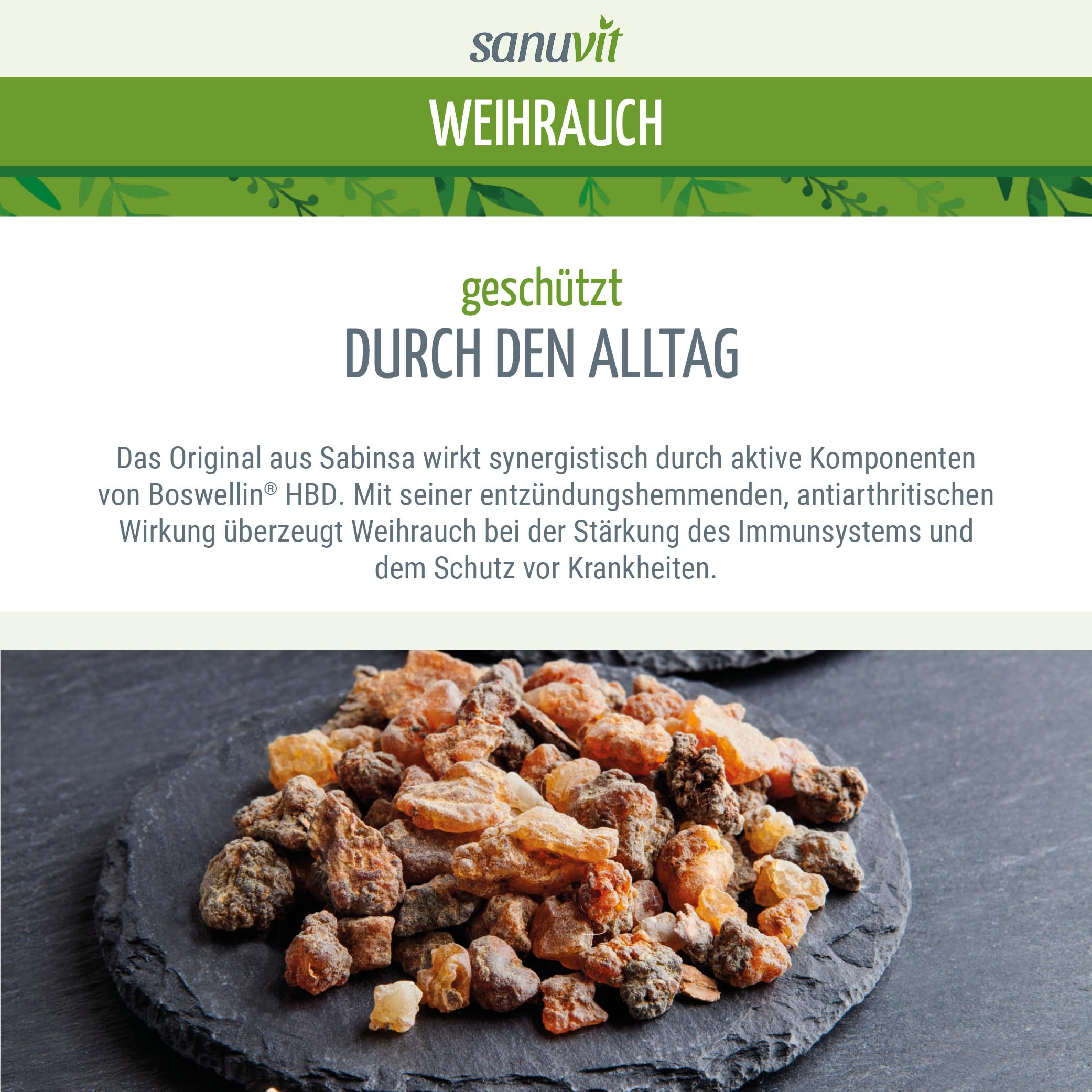 Sanuvit® - Weihrauch Kapseln 500 mg | 180 Kapseln | Hochdosiert | Indischer Boswellia serrata | Hohe Bioverfügbarkeit | Mit Premium Rohstoff Boswellin® | Vegan | Hergestellt in Österreich