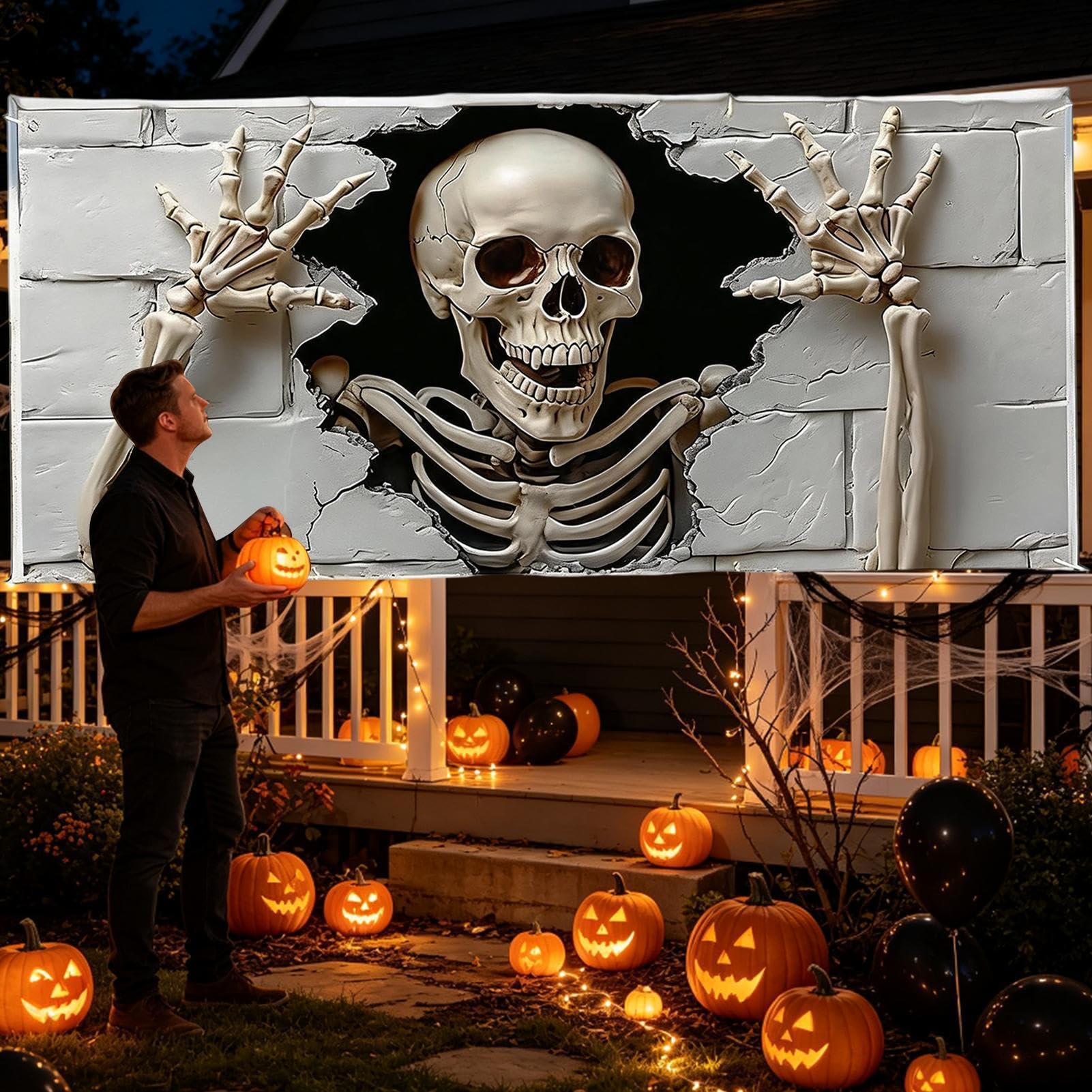 Halloween baner do bramy garażowej, 1,8 x 4 m, wielokrotnego użytku, czaszka Halloween | Ściana garażowa tło baner do użytku na zewnątrz dom podwórko noc księżyca nawiedzony dom wakacje ściana okno impreza