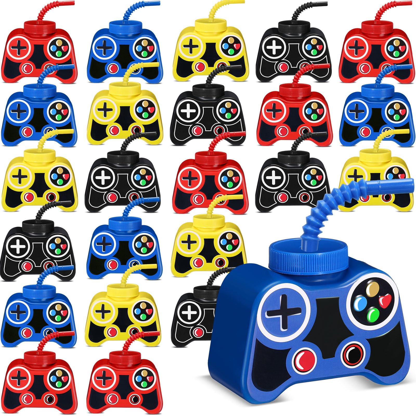 Mifoci 24 Pcs Plastic Video Game Party Cups with Straw and Lid 10oz Gamer Birthday Themed Drink Cups 7th Video Game Party Favors for Kids Toddlers