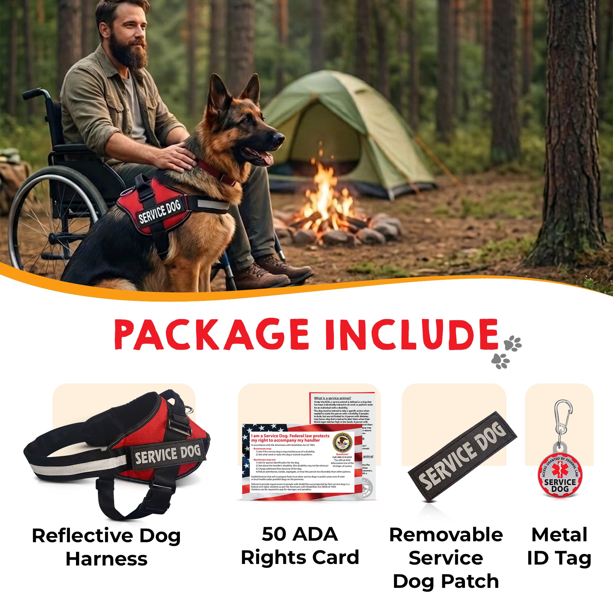 Chaleco para perro de servicio + etiqueta de identificación + 50 tarjetas de información ADA. Arnés para perro de servicio con parche en tallas X S a XX grande, placa de metal para perro con clip