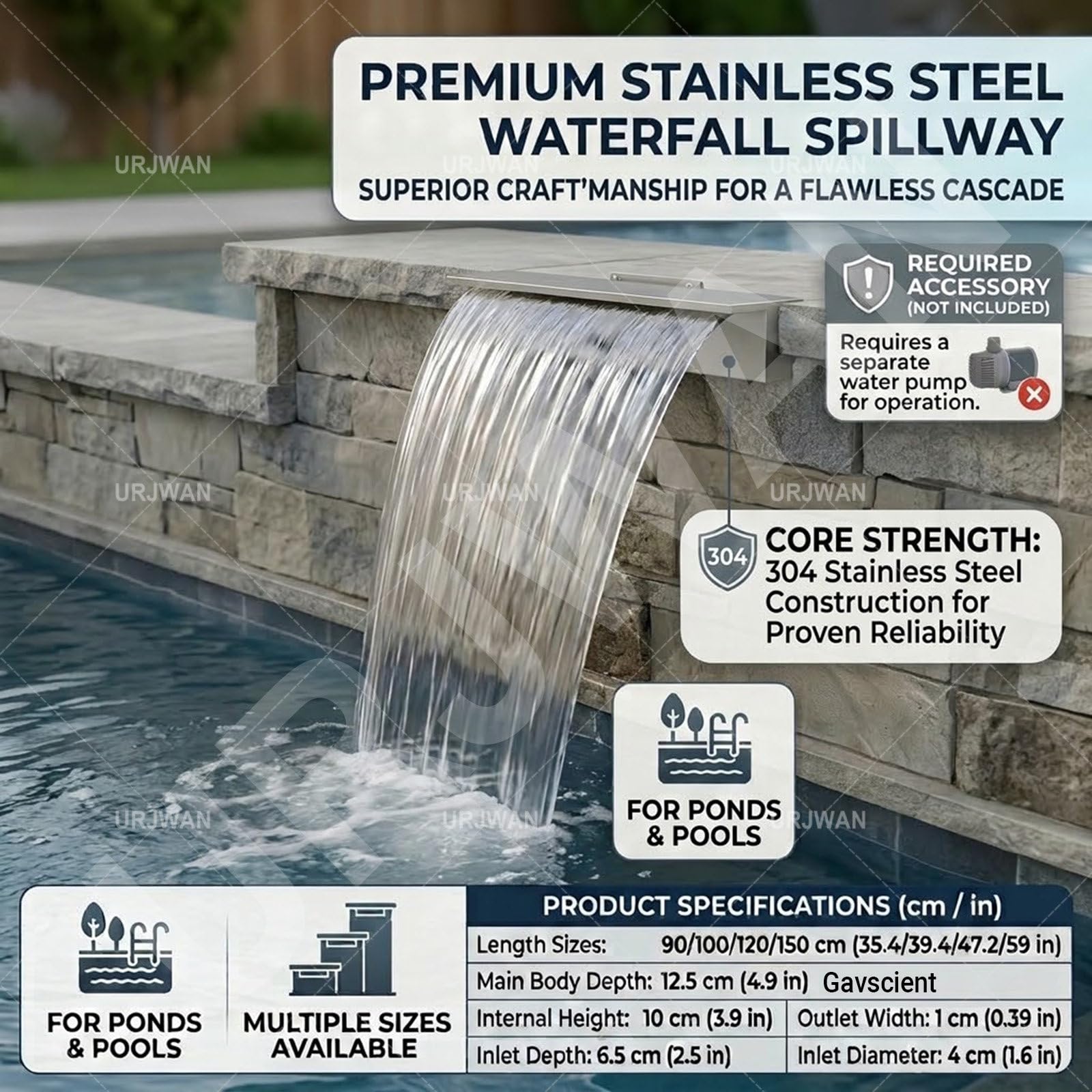 Déversoir Cascade Acier Inoxydable Bassin Koï Jardin Bassin Kit 100cm