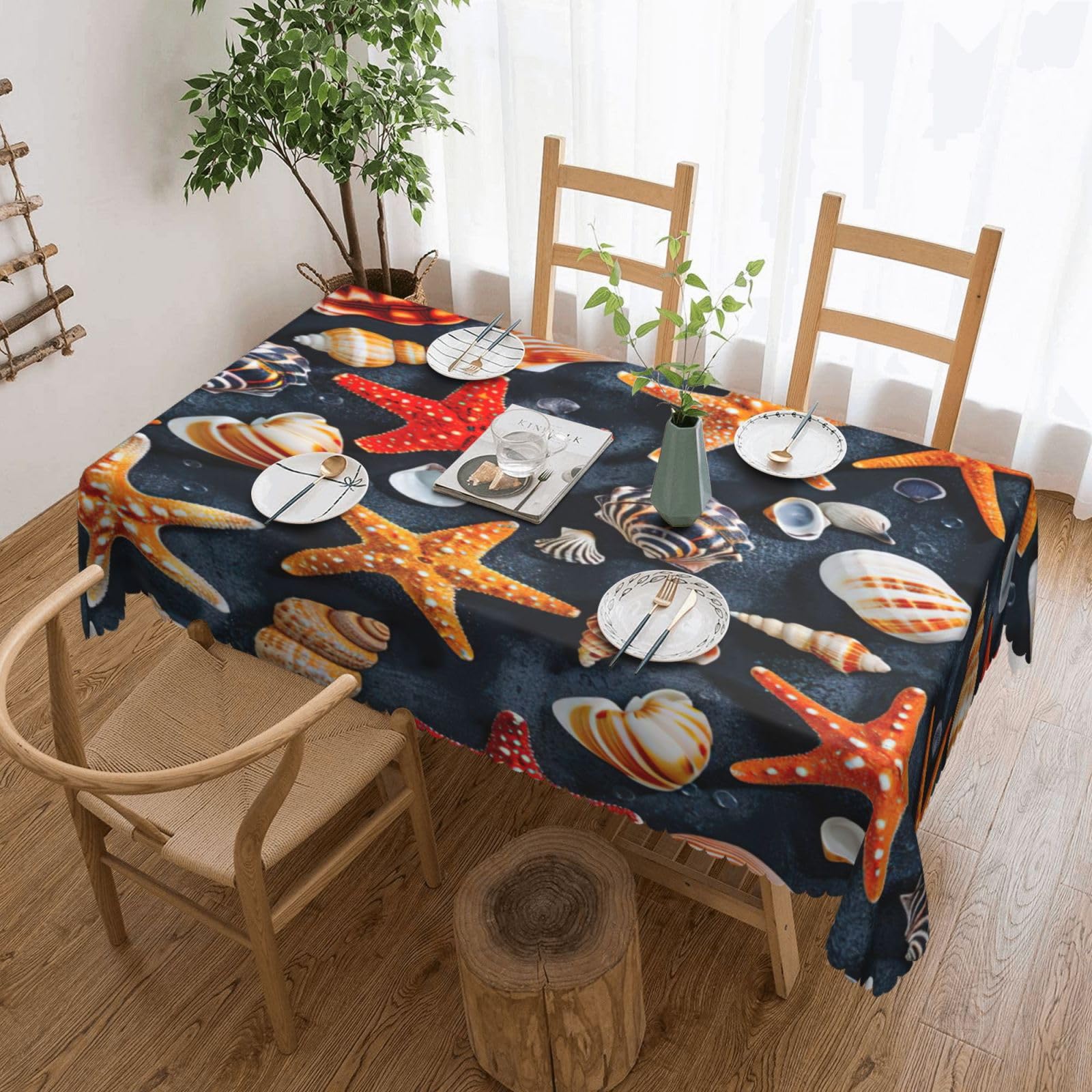 Nappe rectangulaire lavable motif étoiles de mer et coquillages pour table de fête