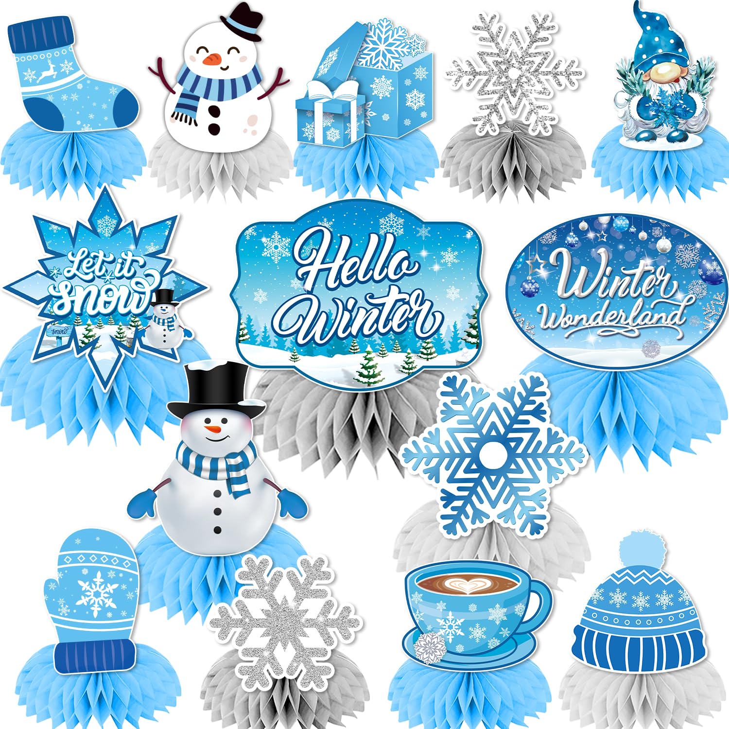 14Pcs Winter Wonderland Party Decorations Winter Centerpieces for Table, Winter Party Decorations Snowflake Centerpieces for Tables, Winter Table Decorations Honeycomb Centerpieces for Frozen Party