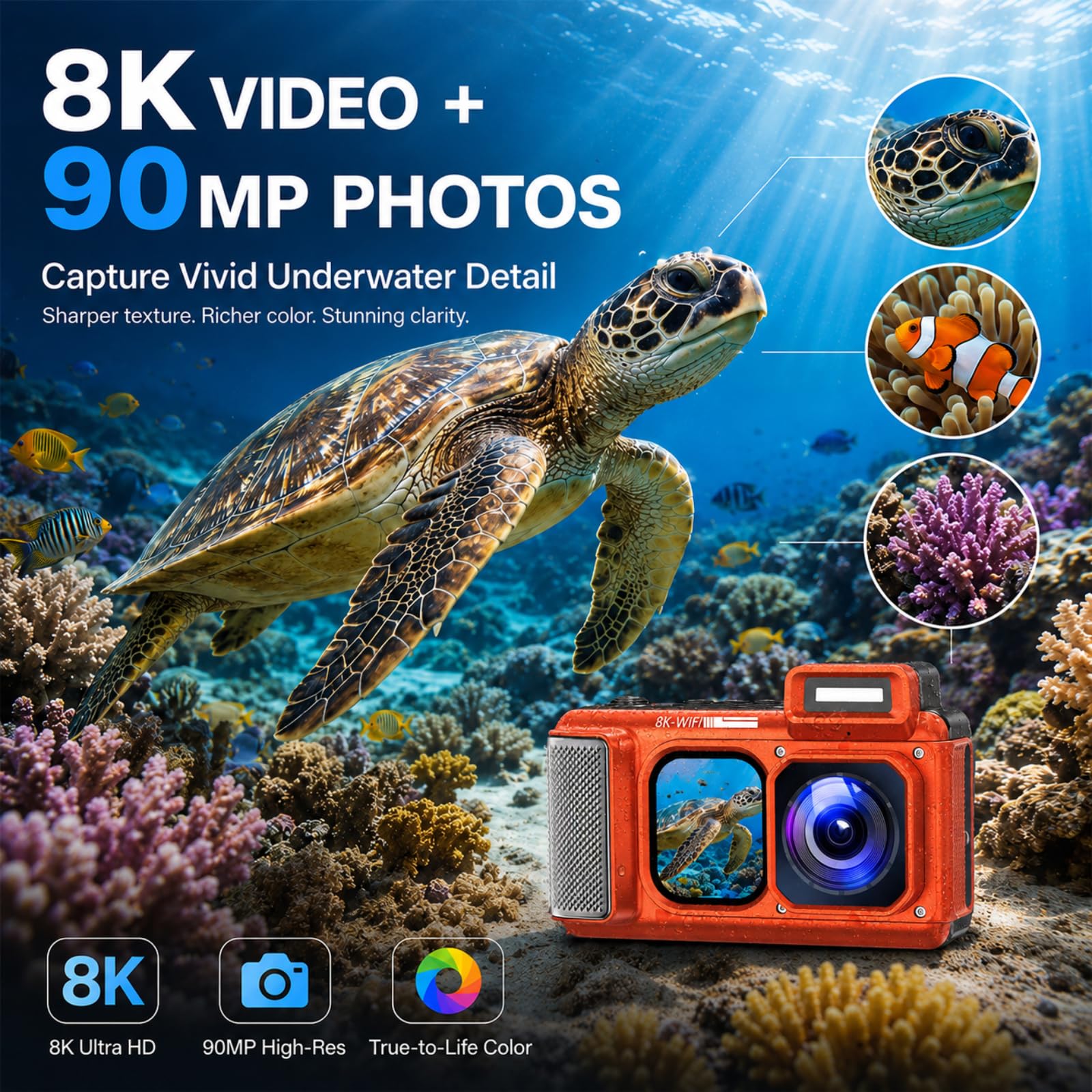 Maxmango V08 Pro 49FT Unterwasserkamera, 8K 90MP WiFi wasserdichte Digitalkamera mit 2,88-Zoll-Touchscreen, Staub- und Stoßfest, ideal zum Schnorcheln, Tauchen und Reisen,32GB Karte, Orange
