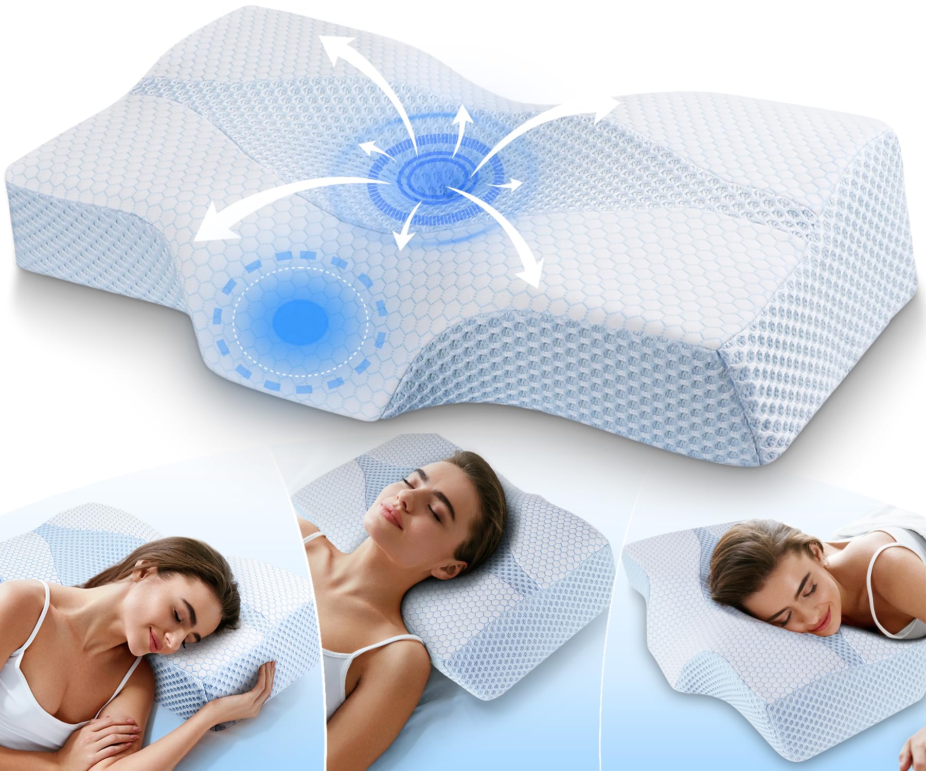 Cuscino Ortopedico in Memory Foam per il Collo con Supporto Cervicale Contro il Dolore al Collo e alle Spalle con 2 Altezze e Fodera Lavabile - Cuscino Ergonomico per il Sonno e il Comfort per